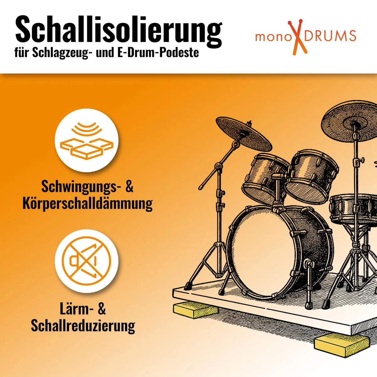 6x monoDRUMS Schlagzeug Sylomer Pads –150×150×25 mm – Traglast 150 kg – für Schlagzeug Zubehör Drum Podest (6er)