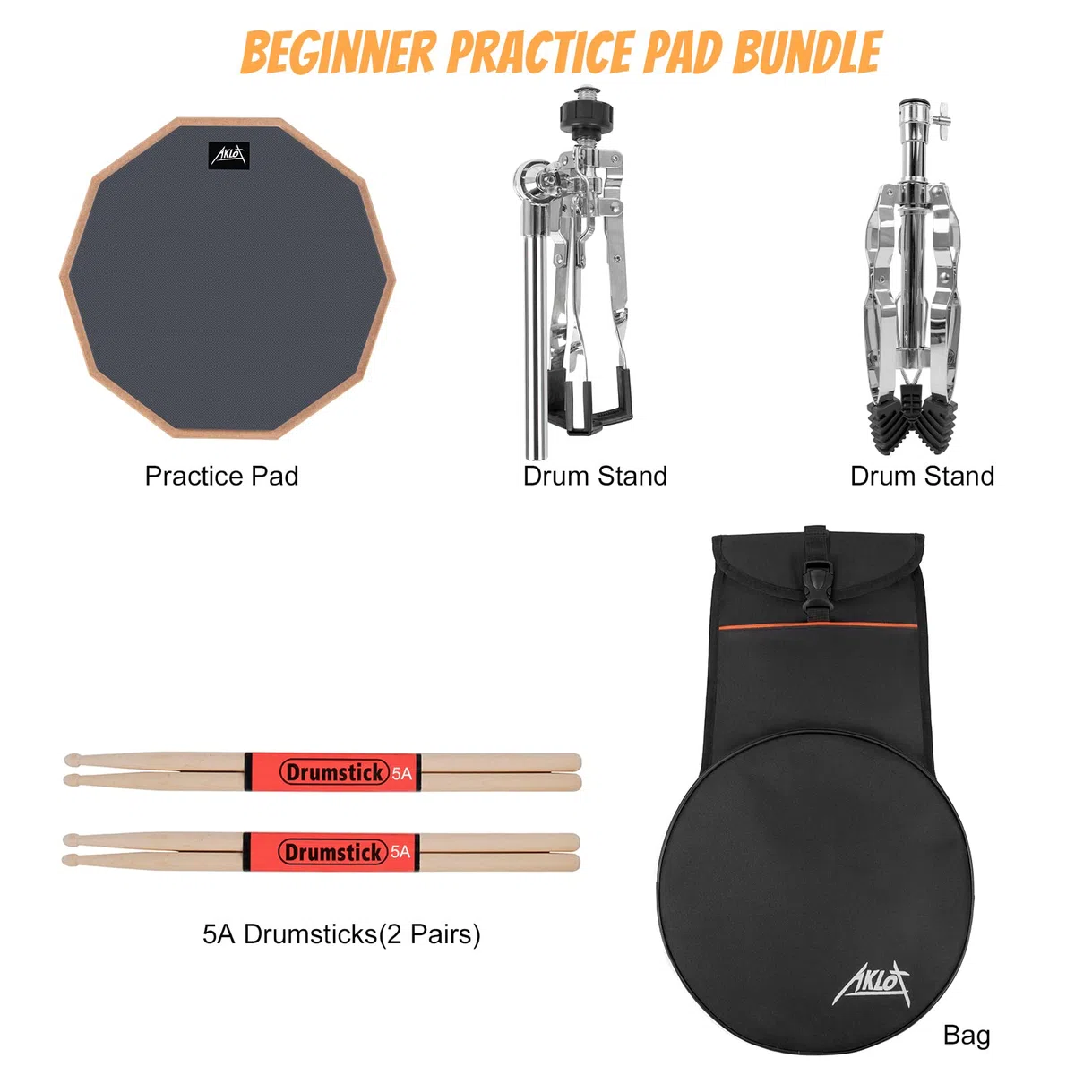 Drum Practice Pad Set AKLOT 12" Kieselgel Übungspad mit Snare Ständer Rucksack Drumsticks für erwachsene Kinder