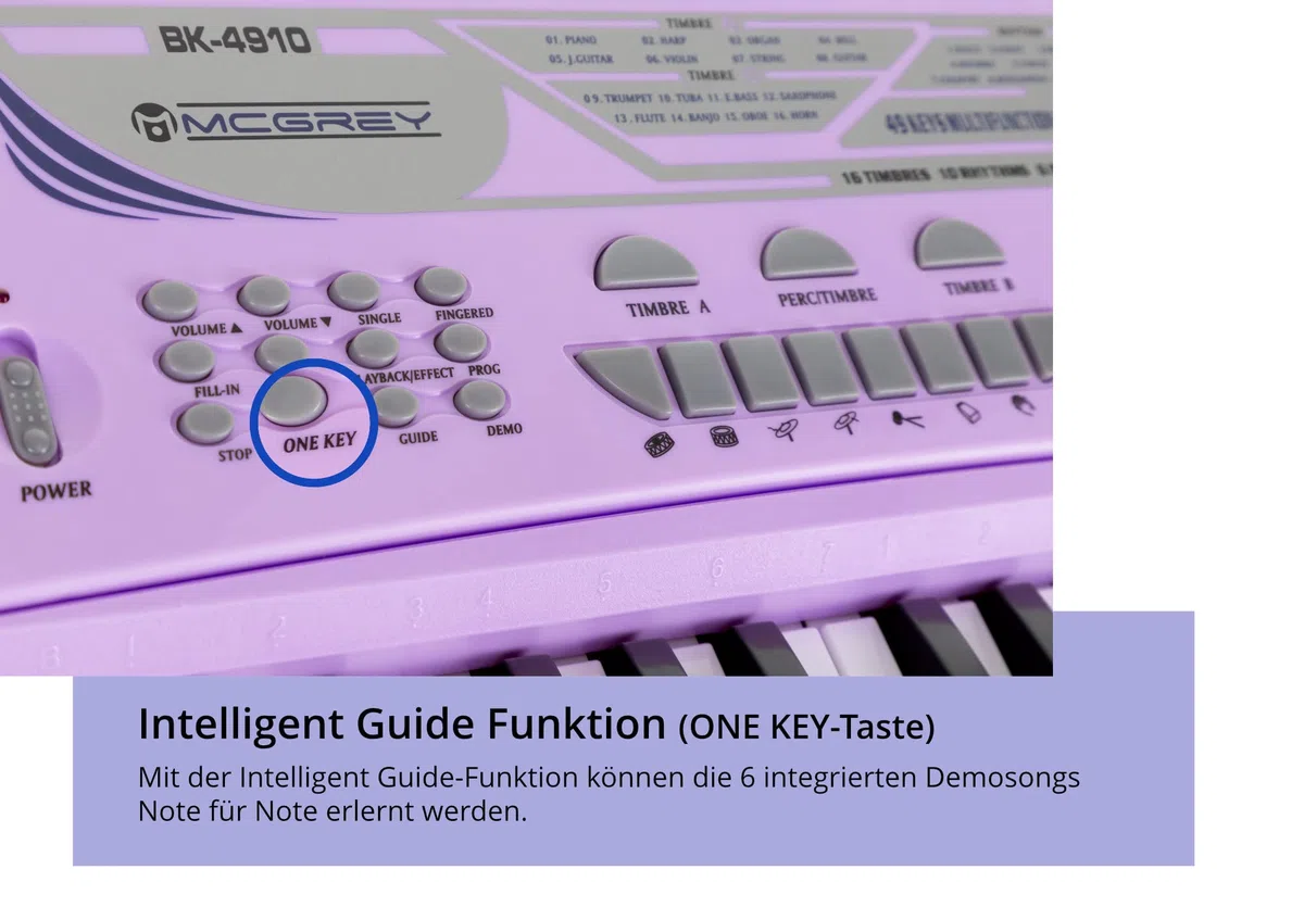 McGrey BK-4910VT Keyboard - Einsteiger-Keyboard 49 Tasten - mit 16 Sounds & 10 Rhythmen - 8 Percussion-Sounds & 6 Demo-Songs - Mikrofon & Notenhalter - Lila