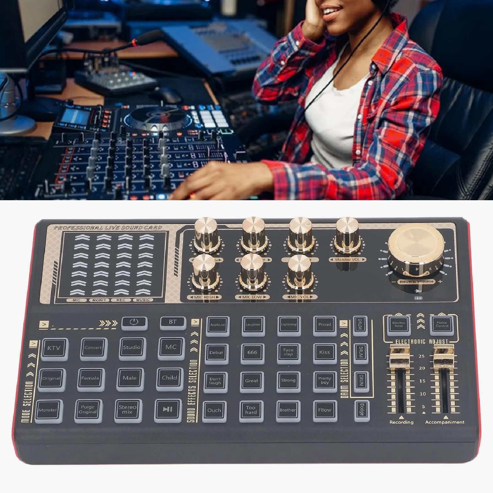 Live Sound Card, Portable Sound Mixer with Voice Changer, Audio Mixing Console for Live Streaming Recording Accompaniment