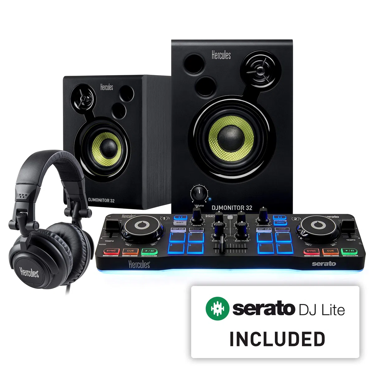Hercules DJStarter Kit - Komplettes DJ-Bundle mit DJControl Starlight, Monitor 32 Studiomonitoren und HDP DJ45 Kopfhörern