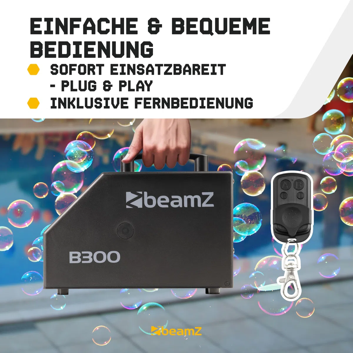 BeamZ B300 Seifenblasenmaschine mit 5L Flüssigkeit, Fernbedienung, 25 Watt, Luftblasenmaschine, Bubble Machine, 10.000 Bubbles pro Minute, Seifenblasen Hochzeit - Schwarz