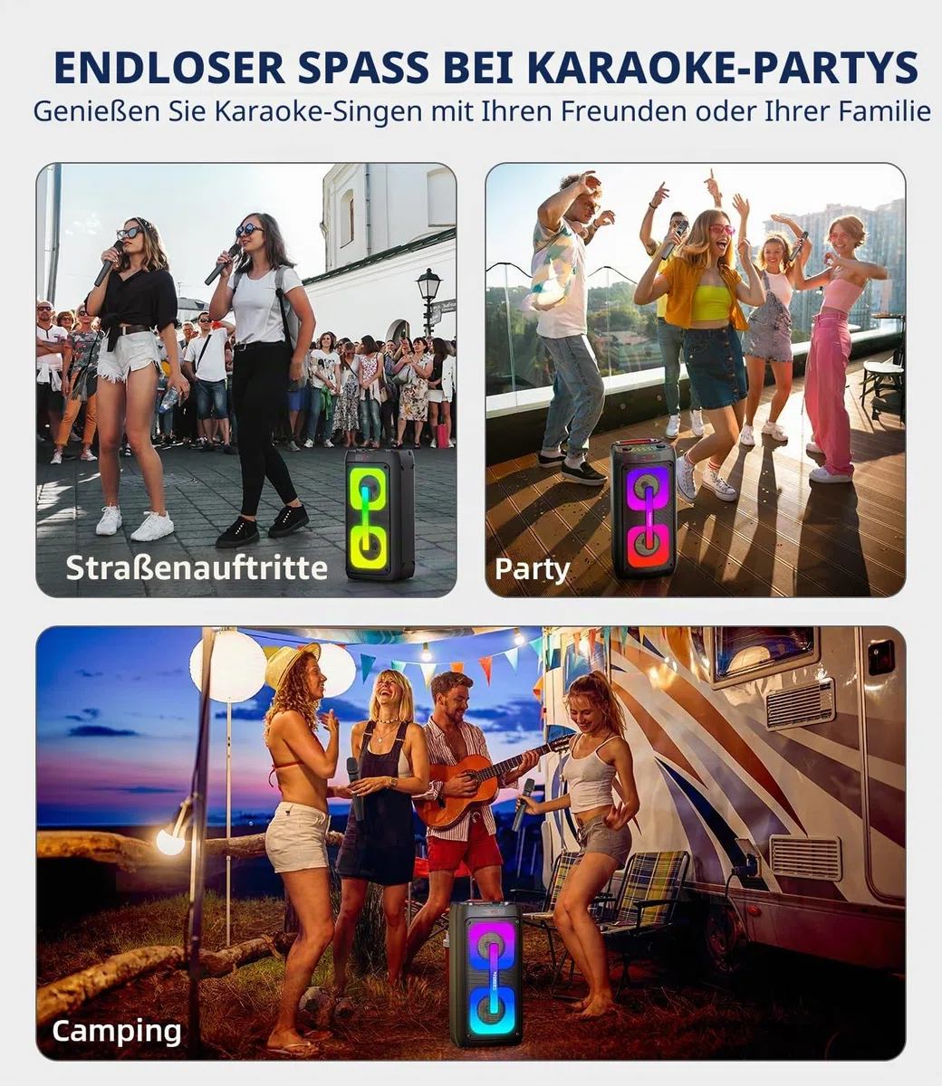 Karaoke Maschine mit 2 Mikrofonen, tragbare Bluetooth Karaoke Anlage mit LED Lichtern, PA System, ideal für Home Partys und als Geschenk für Erwachsene und Kinder