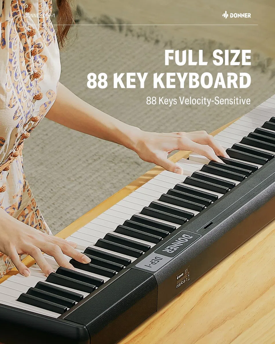 Donner DEP-1 Piano Keyboard 88 Tasten, Anfänger Digital Keyboard Piano Geschwindigkeitsempfindliche Tasten, Tragbares E-Piano mit Ständer, Sustain Pedal, Tragetasche und Keyboard-Aufklebern