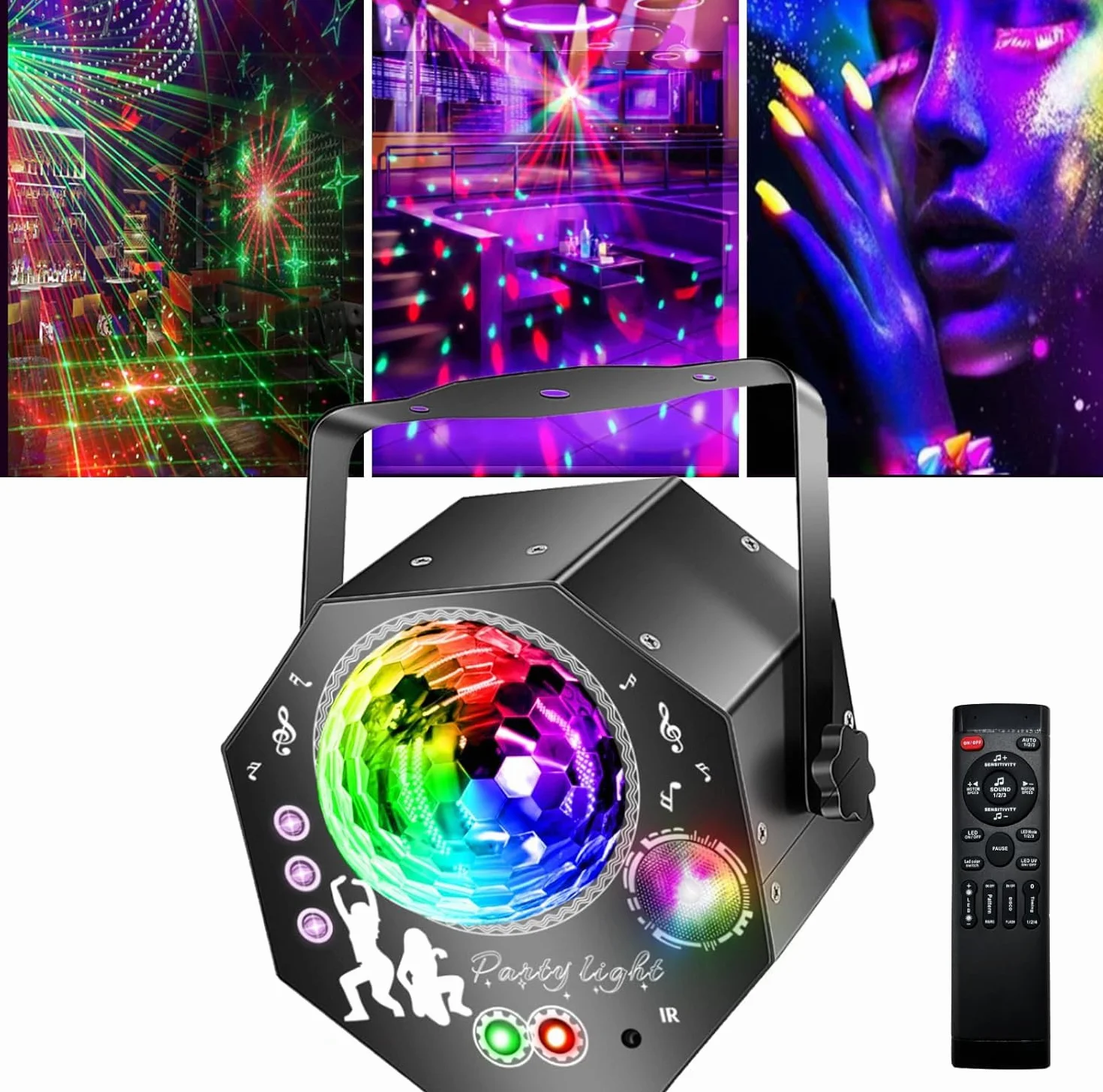 4-in-1 Discokugel mit Motor und Licht, Discolicht Partylicht 64 Muster, Musikgesteuert Disco Party Lampe mit Fernbedienung, RGB UV Stroboskop für Wohnungen Räume Bar Klub Outdoor Geburtstag Party