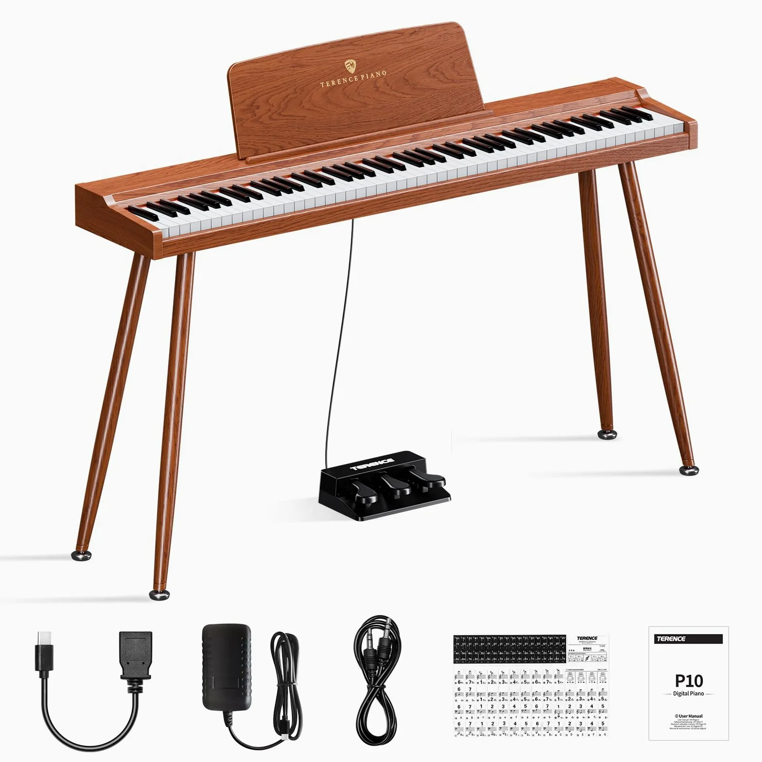 TERENCE P10 E Piano 88 Tasten – Für Anfänger, Studenten & Heimunterhaltung | Dreifach-Pedal-System, 20W Stereo-Lautsprecher, Doppelte Kopfhöreranschlüsse