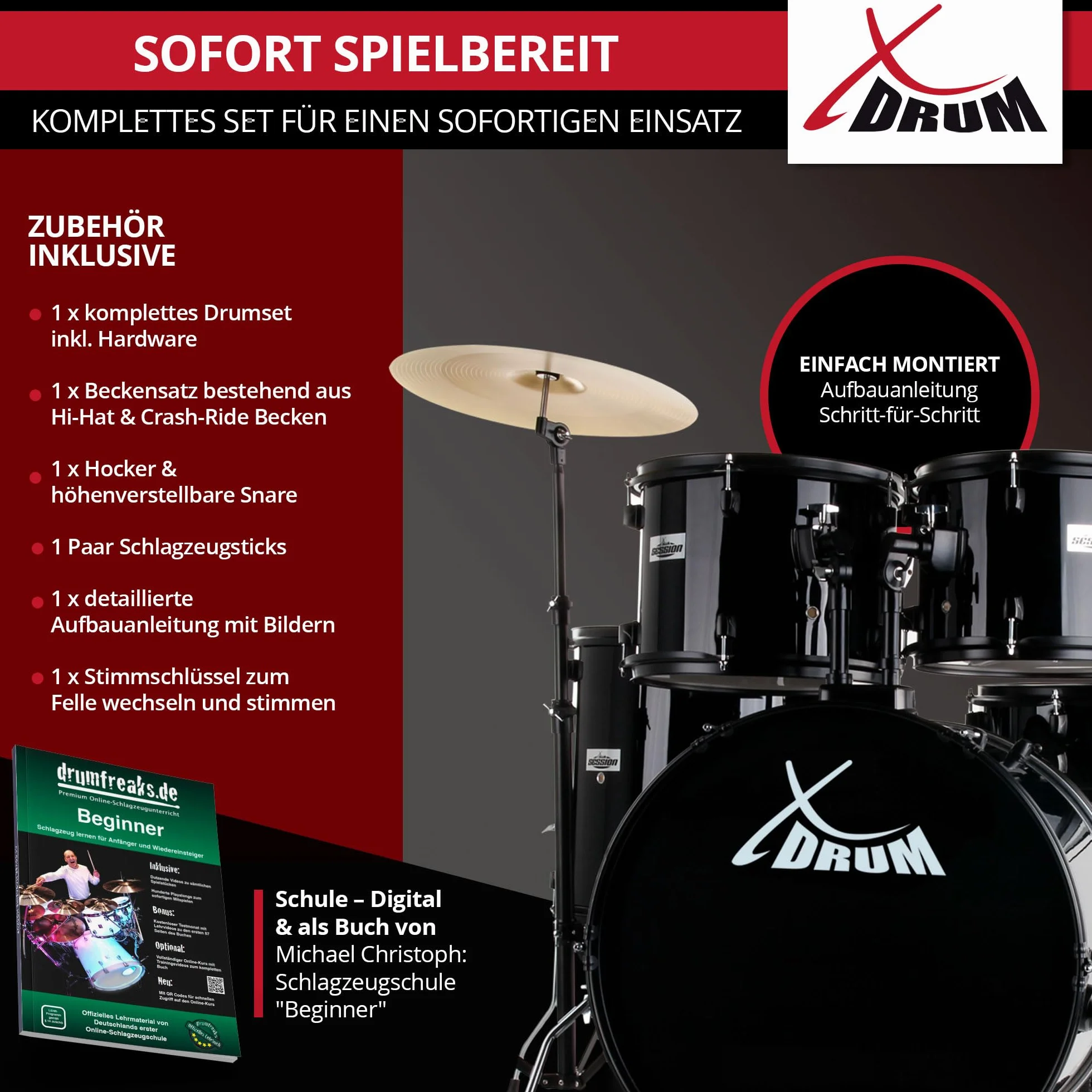 XDrum Rookie 22" Fusion Schlagzeug Komplettset Black - Ideal für Einsteiger - Stylische Hardware in schwarz - Inkl. Drumsticks, Aufbauanleitung und Schlagzeugschule - Schwarz