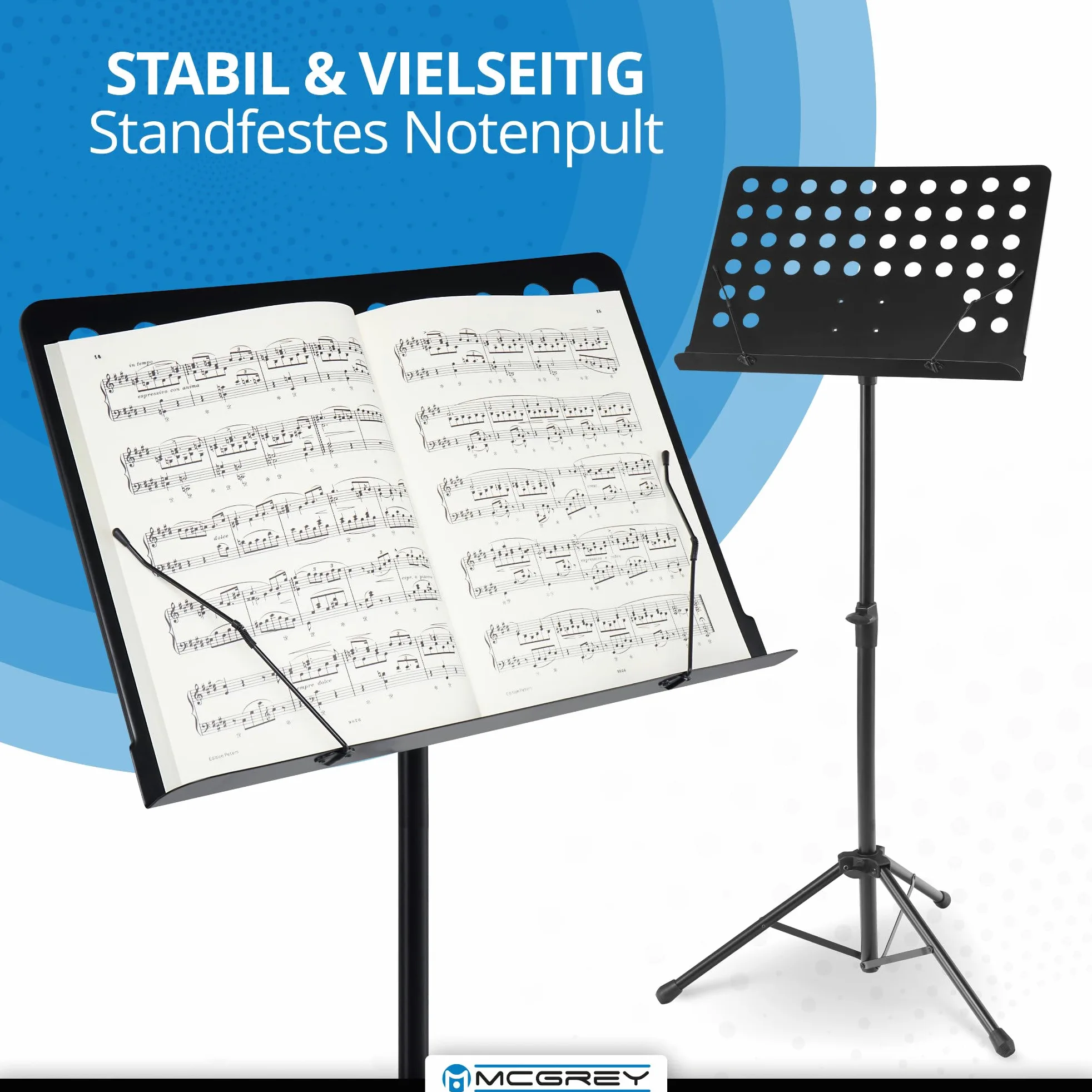 McGrey 11940 Orchesterpult Lochblech Notenständer - stabiler Metall-Ständer - Dreibein und höhenverstellbar von 69 cm bis 115 cm - mit Notenklemmen und abnehmbarer Ablage - Deluxe Notenpult Schwarz