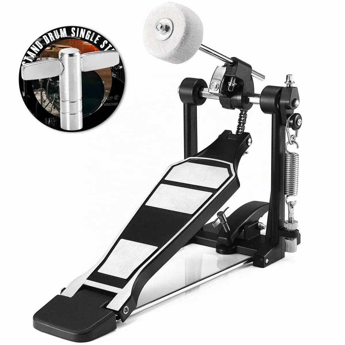 Facmogu Single Kick Bass Drum Pedal, Kick Drum Pedal mit Classic Felt Beater Stick & Key für Foot Percussion Set Instrument, Single-Chain Heavy-duty für Anfänger & Pro Drummers