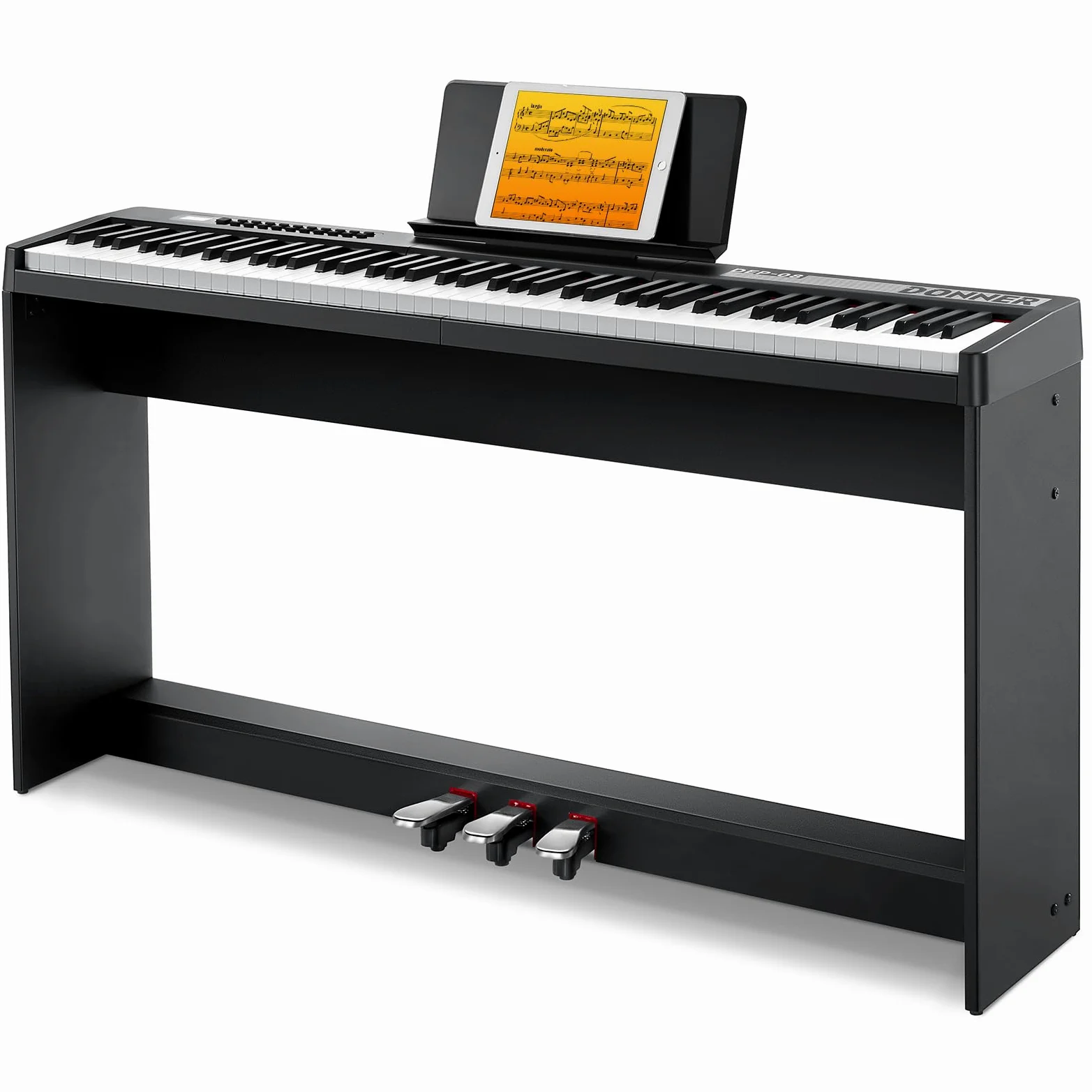 Donner Digitales Klavier mit 88 anschlagdynamischen Tasten und abnehmbarem Ständer, kompaktes E-Piano für Anfänger mit Split-Modus, LED-Digitalanzeige und Dreifachpedal, DEP-08