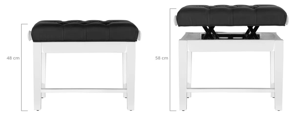 Classic Cantabile Pianobank Modell X - Festverleimte Pianobank - Schwarze Sitzfläche im Chesterfield-Stil - Höhenverstellbar von 48,5-56 cm - 4-fache Kreuz-Mechanik - Weiß Hochglanz
