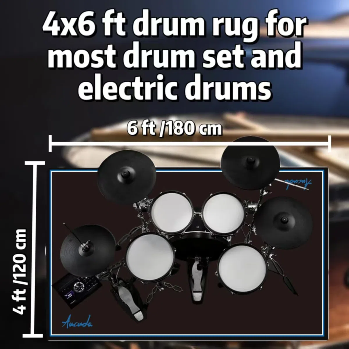 Aucuda Schlagzeugteppich, 120x180cm rutschfest Schalldicht Drum Teppich Matte Innen und Außen, Elektronisches Jazz Schlagzeug Kit für Bass Snare Drum, Indoor Schallschutz Akustik Teppich, Schwarz.