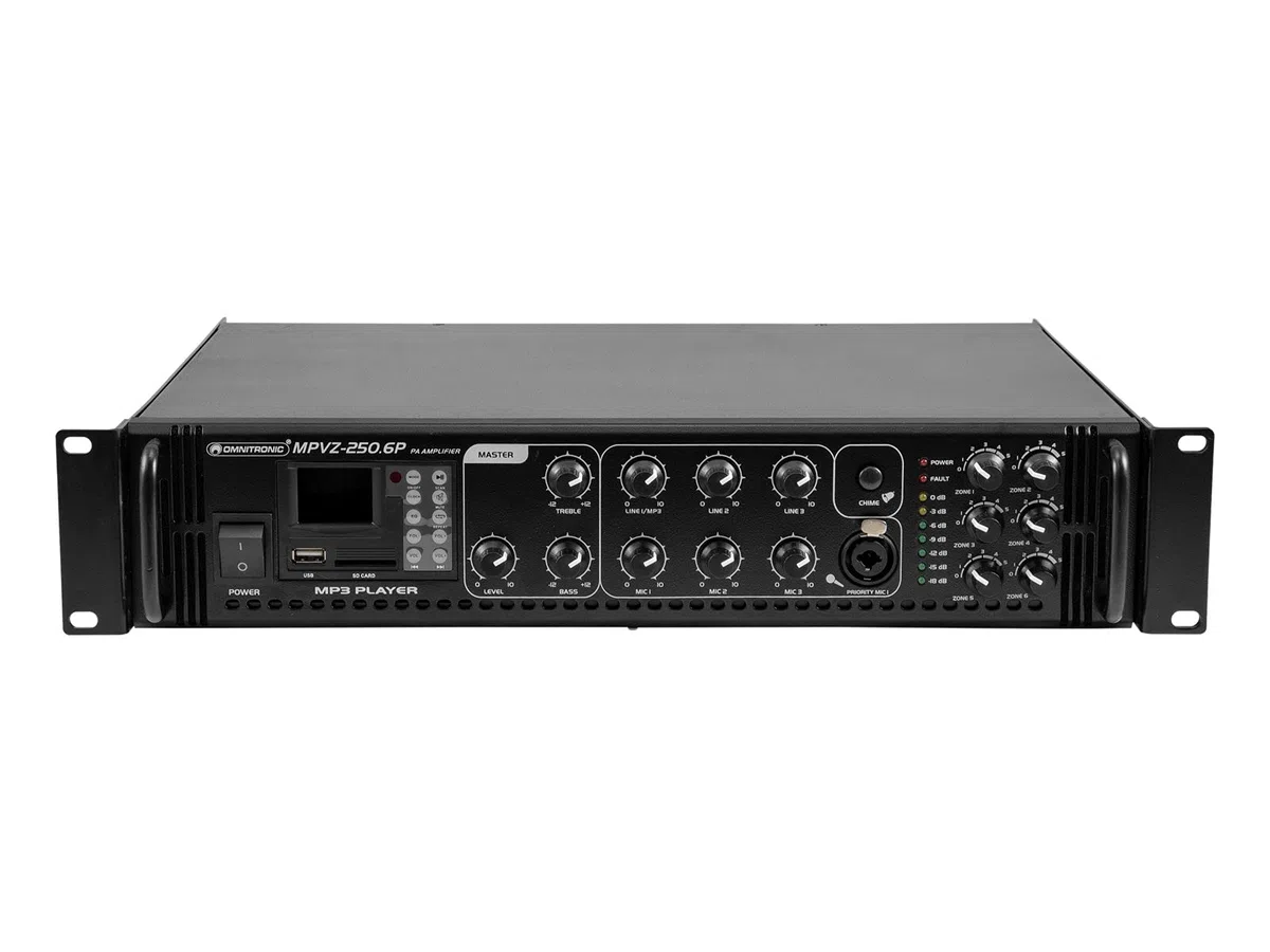 OMNITRONIC MPVZ-250.6P Mischverstärker | 6-Zonen-ELA-Mono-Mischverstärker, MP3-Player & IR-FB, Zonen regelbar, 250 W
