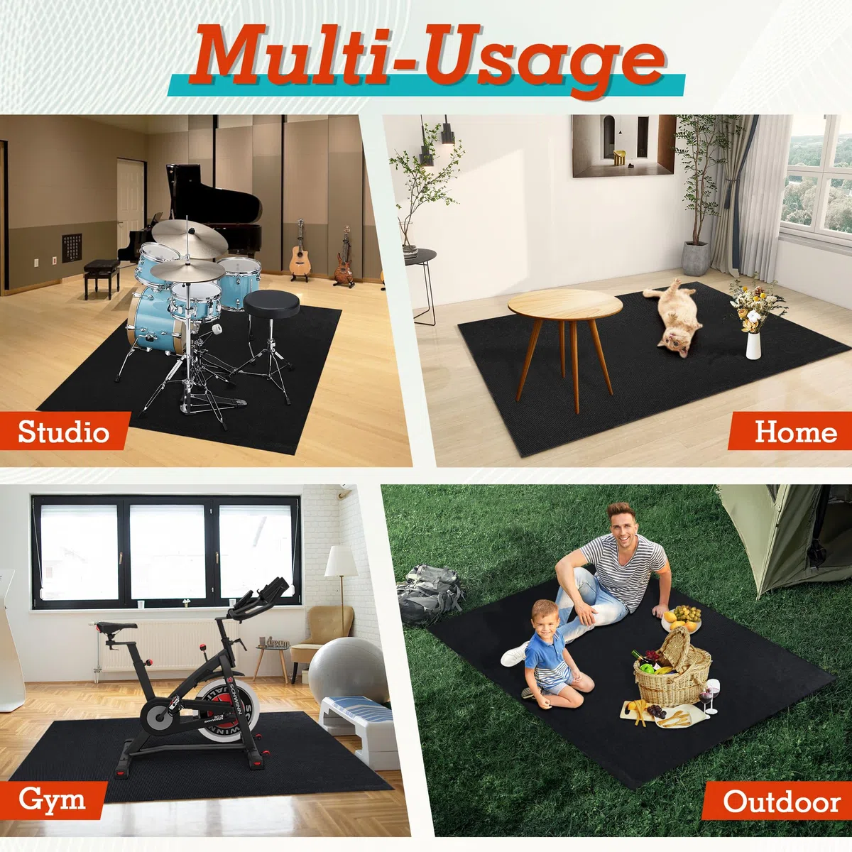 Schlagzeugteppich | 120x180 cm, Schlagzeug Teppich mit Rutschfester Unterseite & Geräuschreduzierung, Schallschutz Teppich für Studio, Wohnung, Outdoor, E-Drum-Kit, Geschenk für Schlagzeuger, Schwarz
