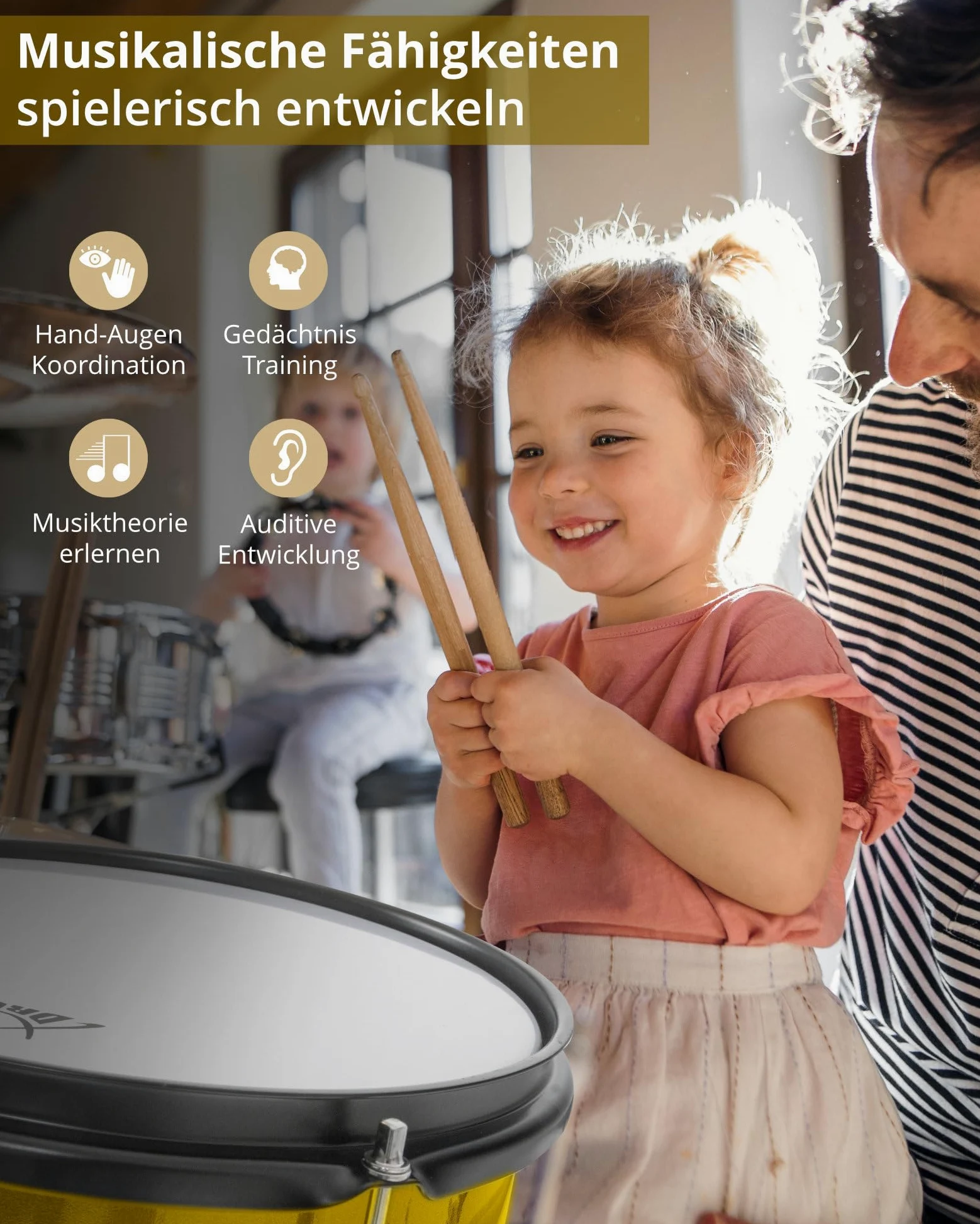 XDrum Junior Pro Kinder Schlagzeug Sunset Gold Sparkle - geeignet von 5-9 Jahren - Drumset mit komplettem Zubehör - inkl. Schule - Orange