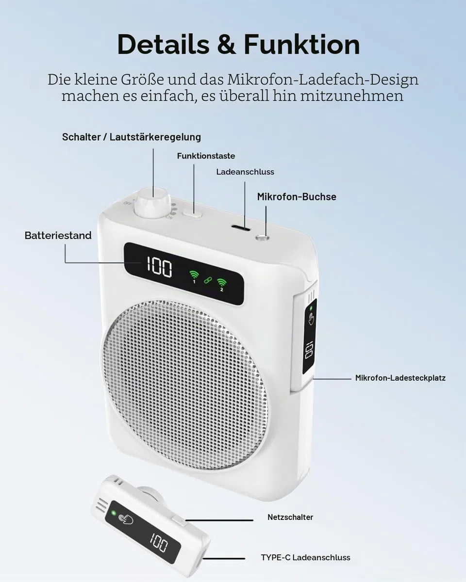 Sprachverstärker mit mikrofon,Sprachverstärker Tragbar mit 2 drahtlosen Lavalier Mikrofons,Kabellos Sprachverstärker Bluetooth, Lautsprecher mit Mikrofon für Lehrer, Reiseleiter, Trainer (weiß‌)