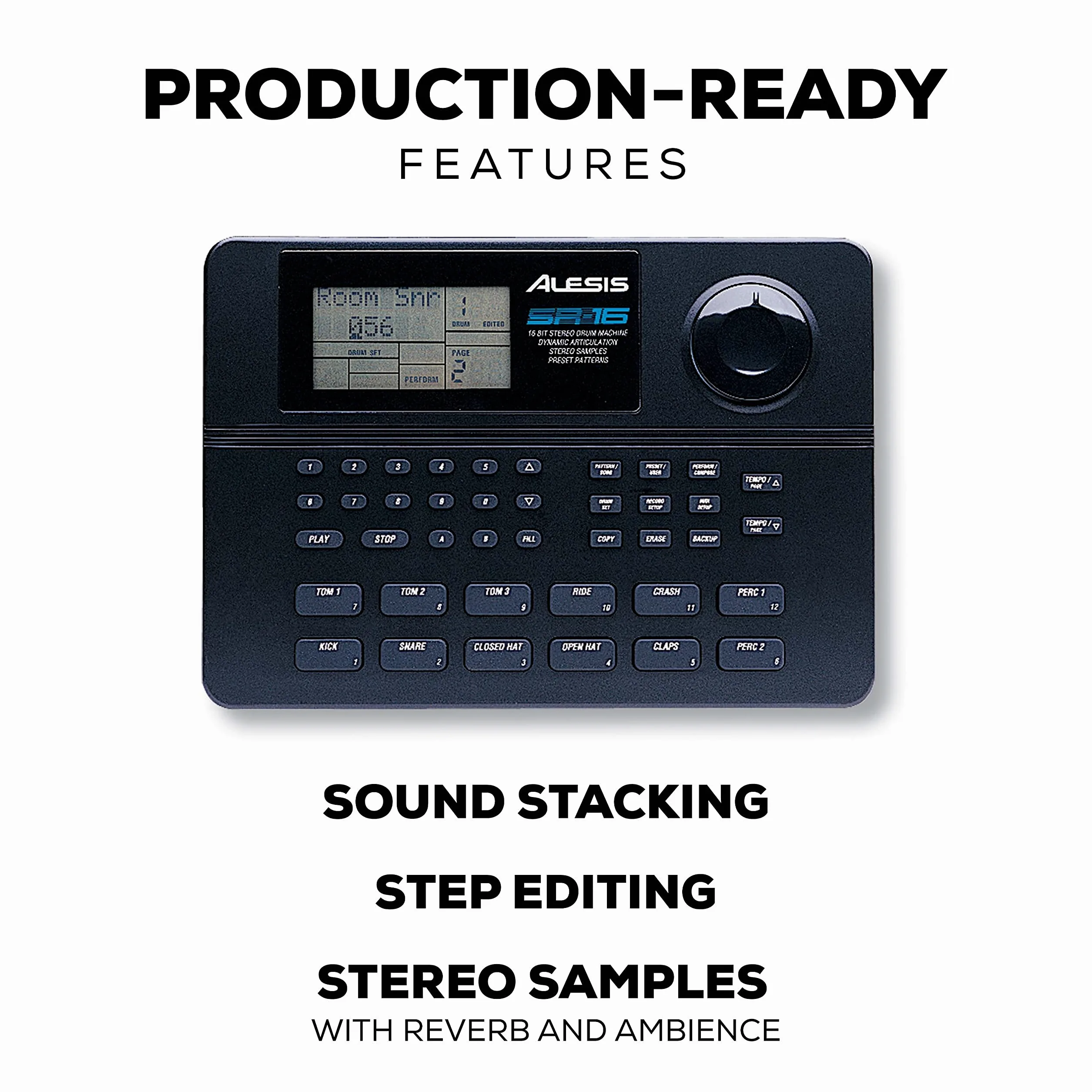 Alesis SR16 Classic Drum Machine mit 12 anschlagsdynamische Pads, 233 Studiodrum / Perkussionsounds und 50 Presetpattern