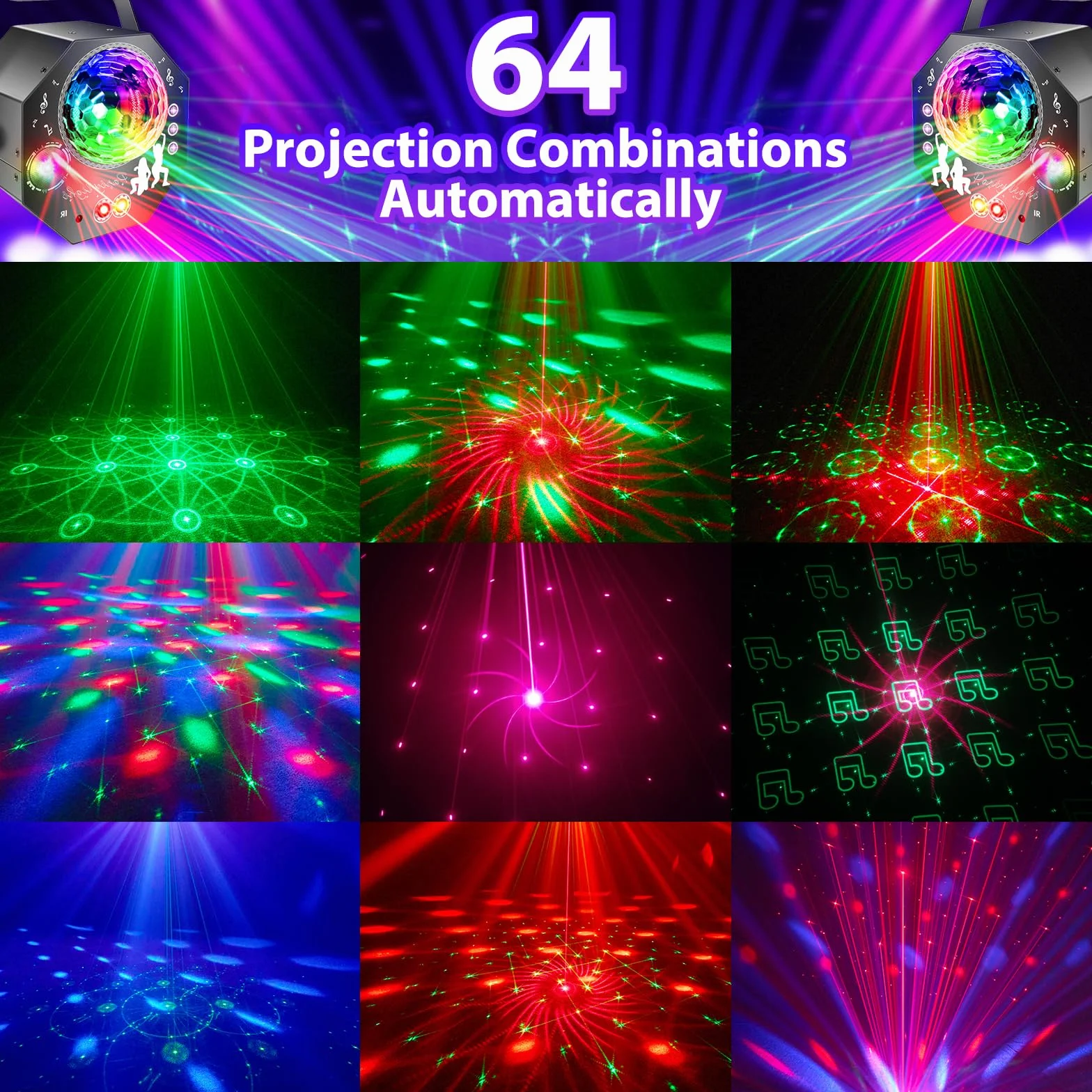 4-in-1 Discokugel mit Motor und Licht, Discolicht Partylicht 64 Muster, Musikgesteuert Disco Party Lampe mit Fernbedienung, RGB UV Stroboskop für Wohnungen Räume Bar Klub Outdoor Geburtstag Party