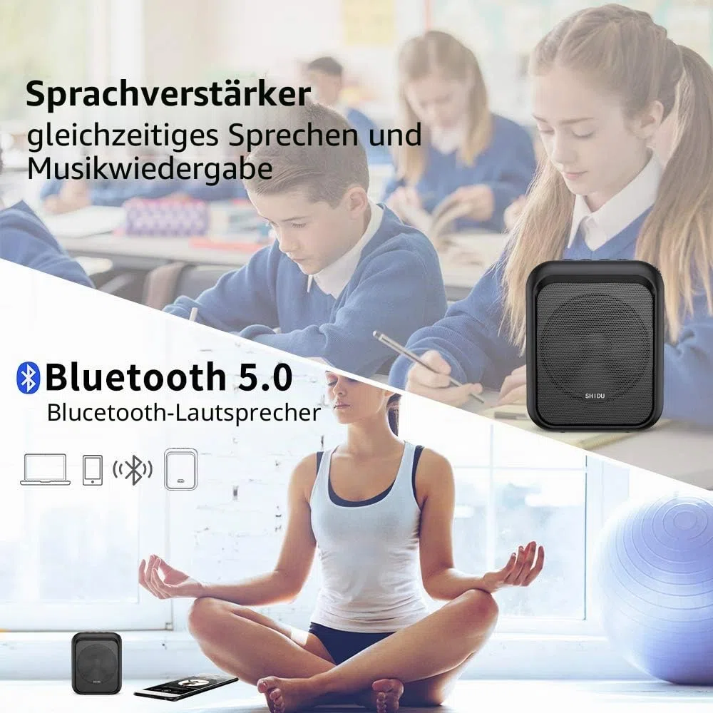 SHIDU Sprachverstärker Tragbarer Bluetooth Lautsprecher mit drahtlosem UHF Mikrofon Headset 10W 1800mAh PA-System Unterstützt Audio im MP3-Format für Lehrer, Taxifahrer, Trainer, Training, Reiseleiter