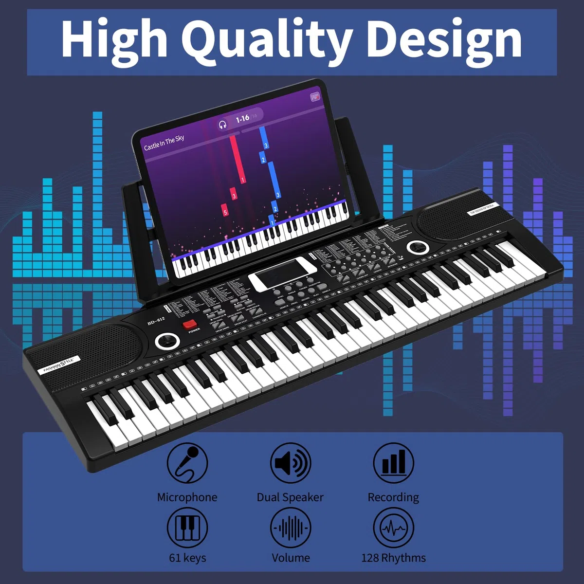 Digital Piano Klavier 61 Tasten & Noten Notenständer-Tragbares Elektronisches Keyboard-Musikinstrument mit Lautsprechern und Unterrichtsmodi,Begleitautomatik Geeignet für Anfänger/Erwachsene