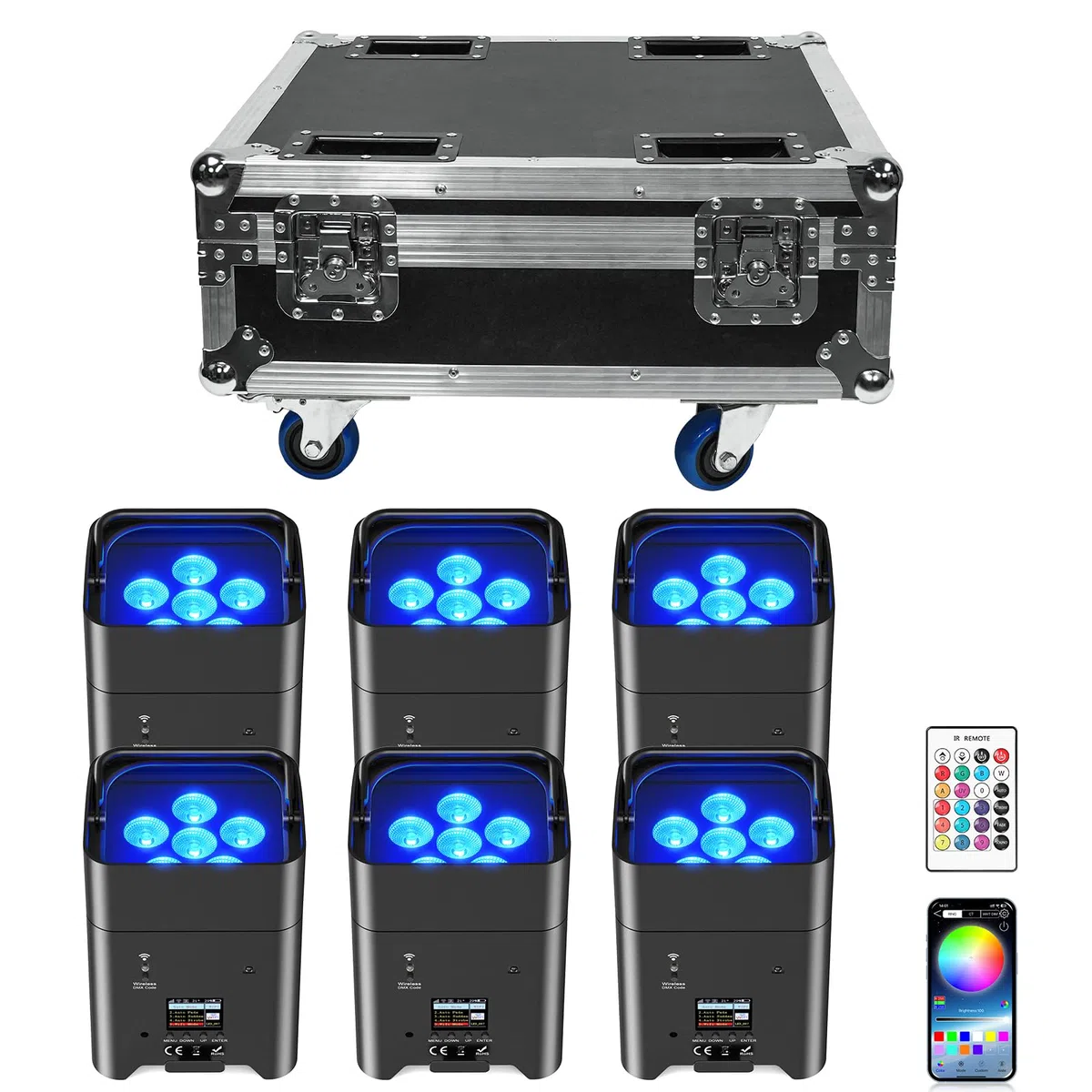 6er 108 W Akku LED Par Strahler mit wiederaufladbarer Flightcase, RGBWA+UV 16,77 Millionen Farben Batterie Bühnenlicht Uplight mit Fernbedienung/DMX/APP Discolicht für DJ Hochzeit Weihnachten
