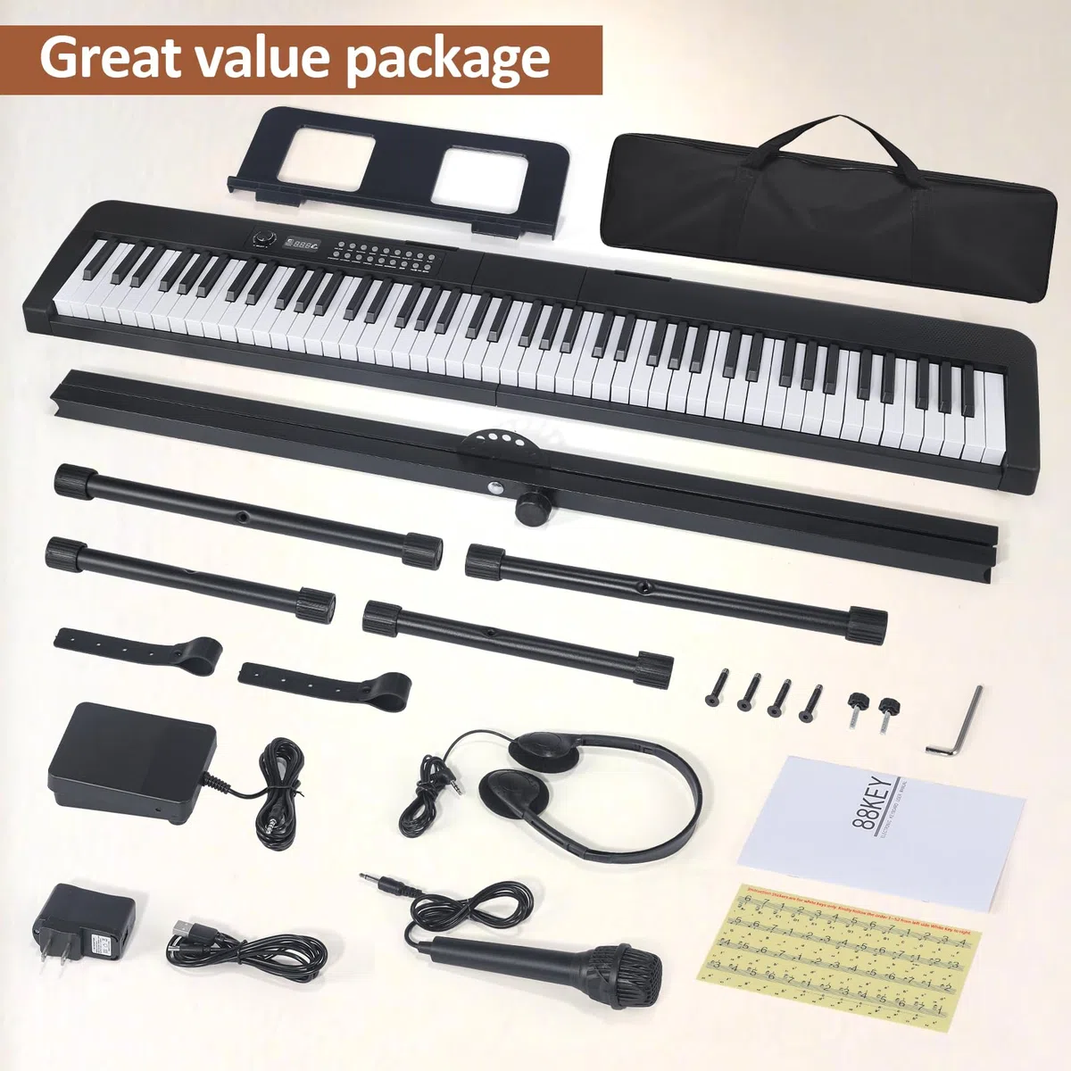 Klaviertastatur mit 88 Tasten, elektrisches Digitalpiano mit halbgewichteten Tasten, Keyboard Piano mit Sustain-Pedal, Netzteil, Ständer, Tragetasche, Kopfhörer, USB-MIDI-Kompatibilität, für Anfänger
