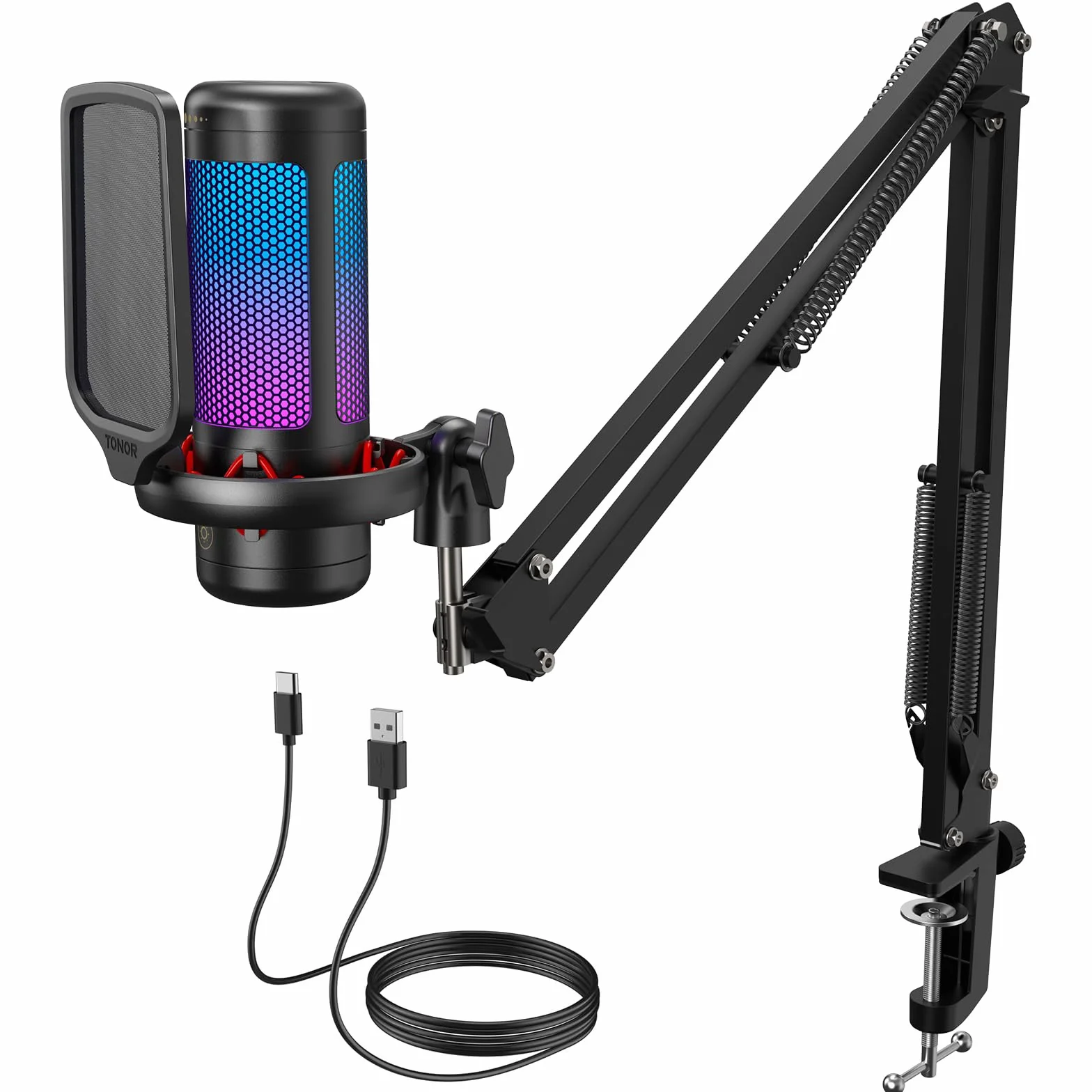 TONOR Gaming Mikrofon PC, USB Microphone für Computer PS4/5, Kondensatormikro mit RGB-Modi & Helligkeit einstellbar, Stummschaltung, Mic für Streaming, Mikrofonarm, Schwarz, TC310+