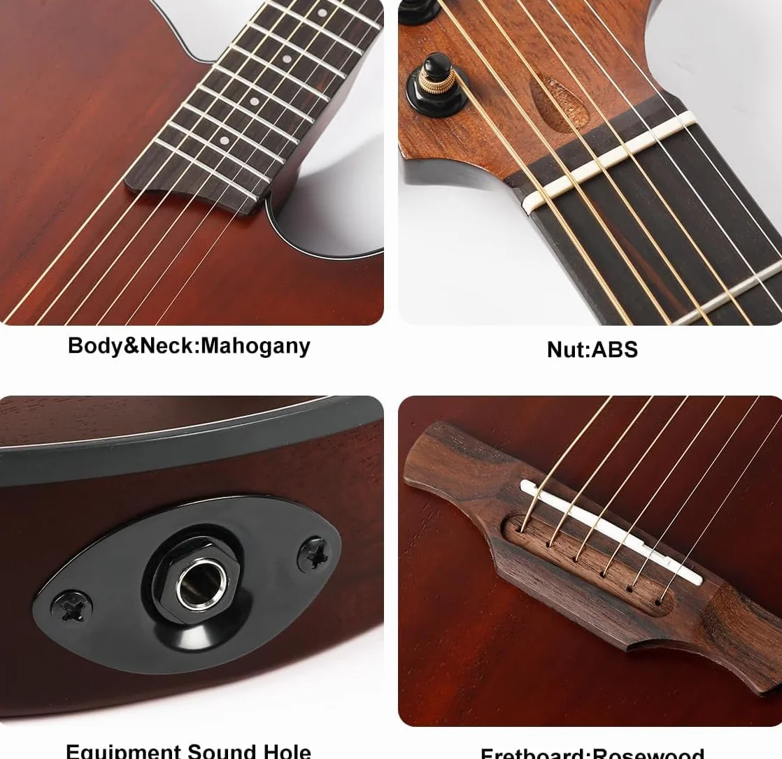 Akustikgitarre leise mit eingebauten Pickups tragbar elektrisch & akustisch nutzbar klassische Gitarre für reisende Musiker & Anfänger inkl. Gigbag, Gurt, Stahlsaiten, Kabel und Plektren (Braun)