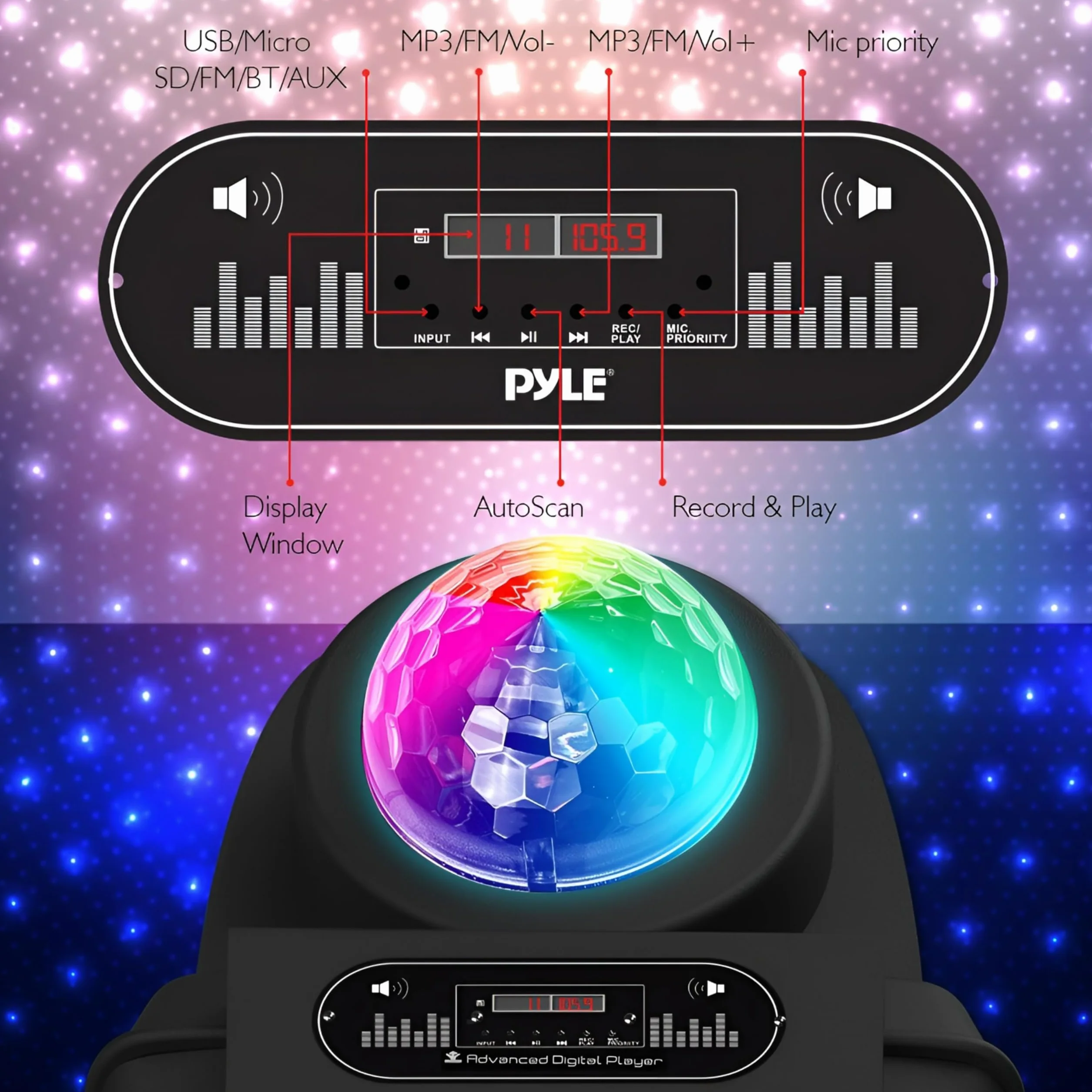 Pyle Partybox, Bluetooth Lautsprecher Groß, 700W- Boombox- mit aufladbare Batterien & Mic Set, Tragbare- Musik box, Karaoke Box- mit Farbige LED, Pa System- mit USB, SD, FM, BT, AUX, Griff & Räder