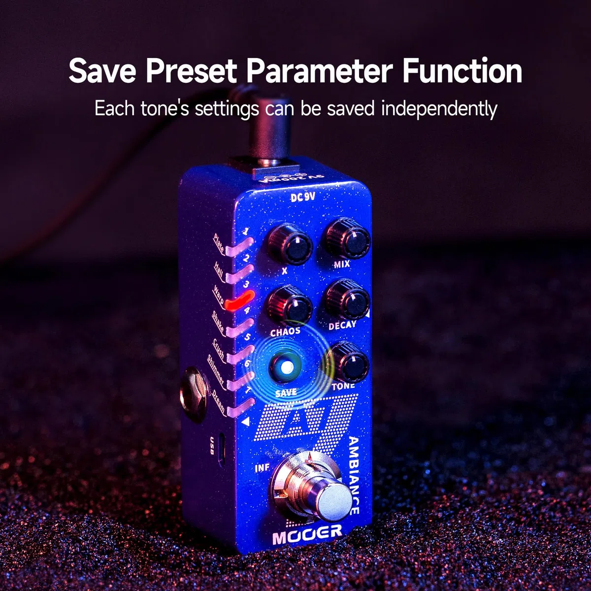 MOOER A7 Reverb Guitar Pedal Ambiance Vielseitig mit 7 Diffrevent Rever Effekten und Save Setting Funktion, INFINITE Trail Funktion, Unterstützt Buffer Bypass oder True Bypass