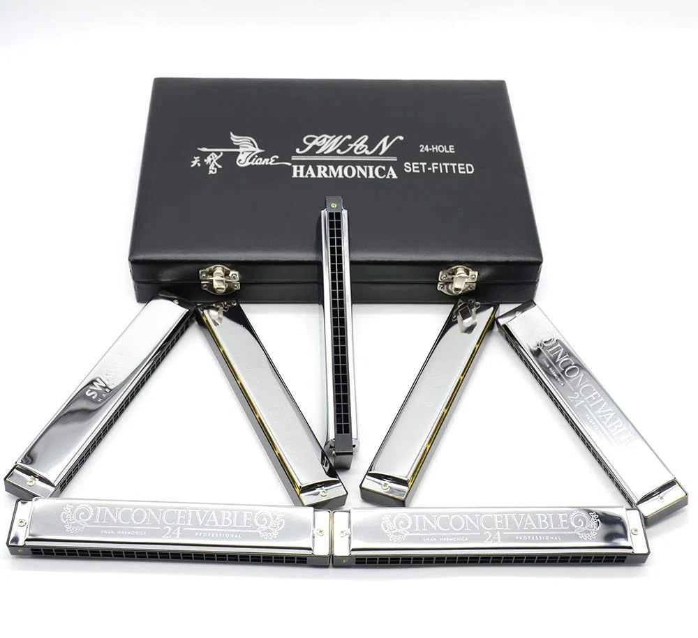 swan 24-hole polyphonic harmonica 7 sets silver C D E F G A B professional performance set for Adults Beginners Students Kids, Perfect Interest Gift