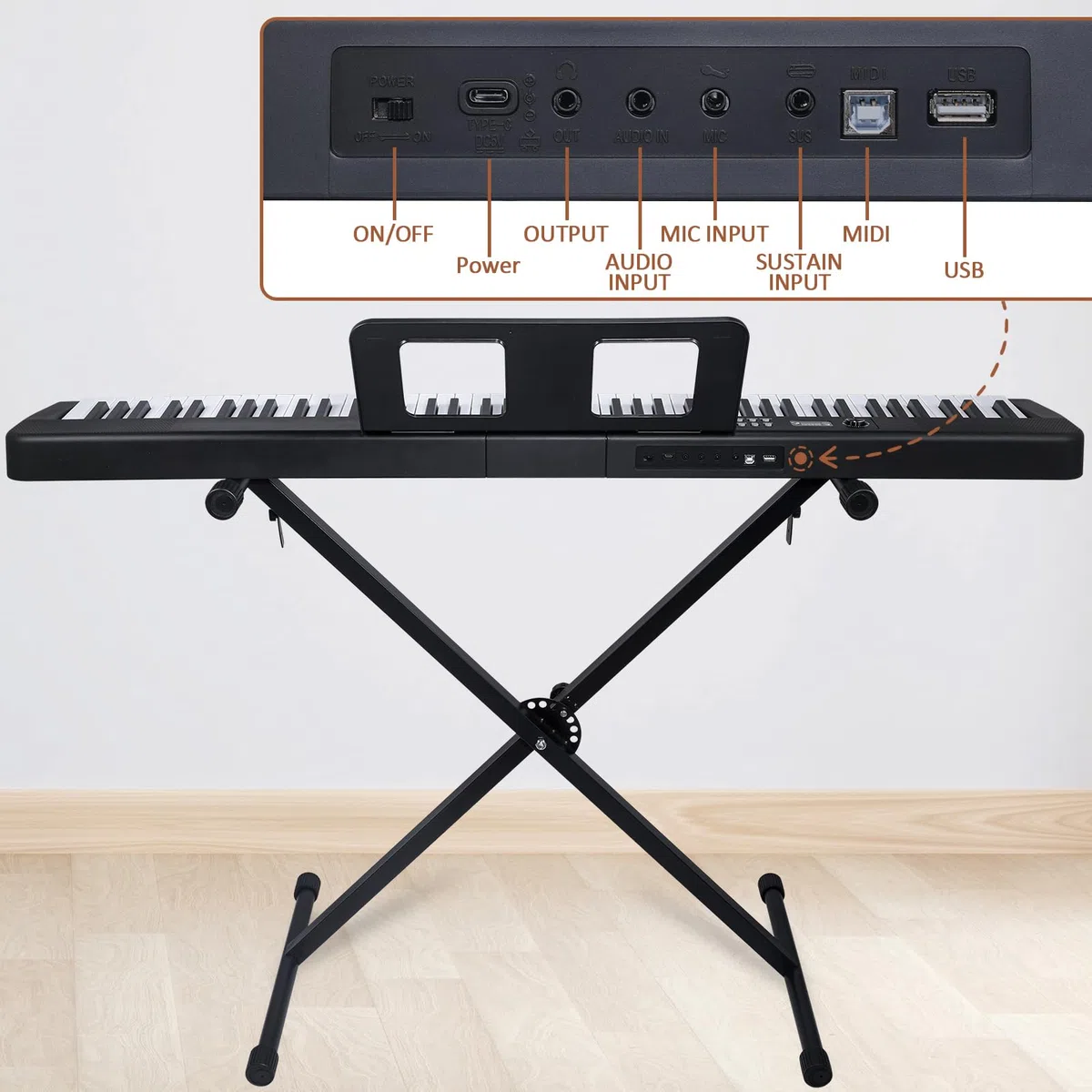 Klaviertastatur mit 88 Tasten, elektrisches Digitalpiano mit halbgewichteten Tasten, Keyboard Piano mit Sustain-Pedal, Netzteil, Ständer, Tragetasche, Kopfhörer, USB-MIDI-Kompatibilität, für Anfänger