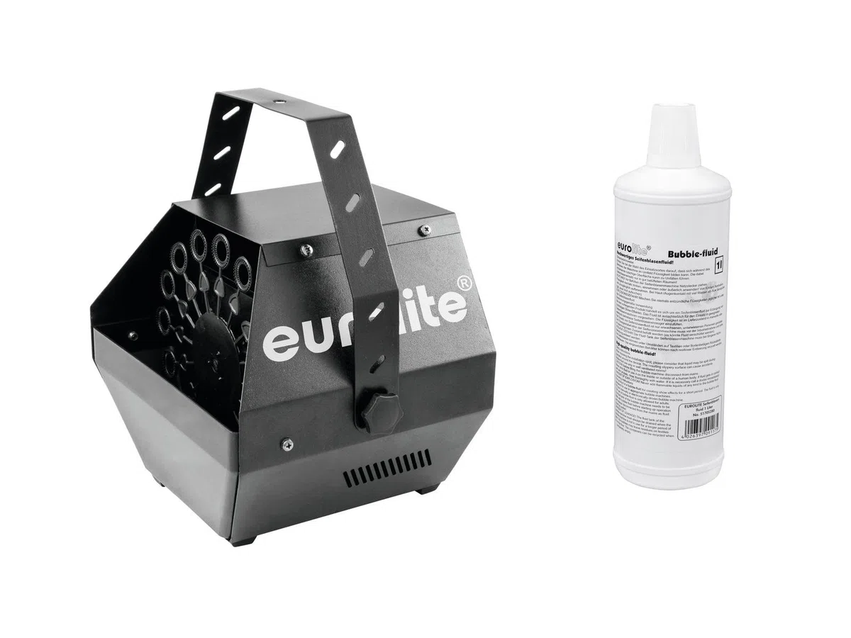 EUROLITE Set B-100 Seifenblasenmaschine schwarz DMX + Seifenblasenfluid 1l | DMX-Seifenblasenmaschine, für hängende und stehende Montage inklusive 1l Seifenblasenfluid