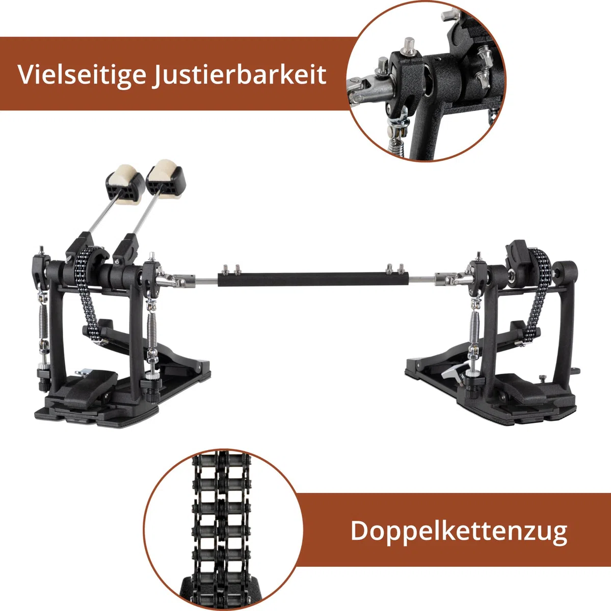 XDrum Fußmaschine Pro Doppel (2 Pedale, Doppelkettenzug, 4 Side Beater, zusätzliche Beateraufnahme links, ideal auch für Drumsets mit 2 Bass Drums)