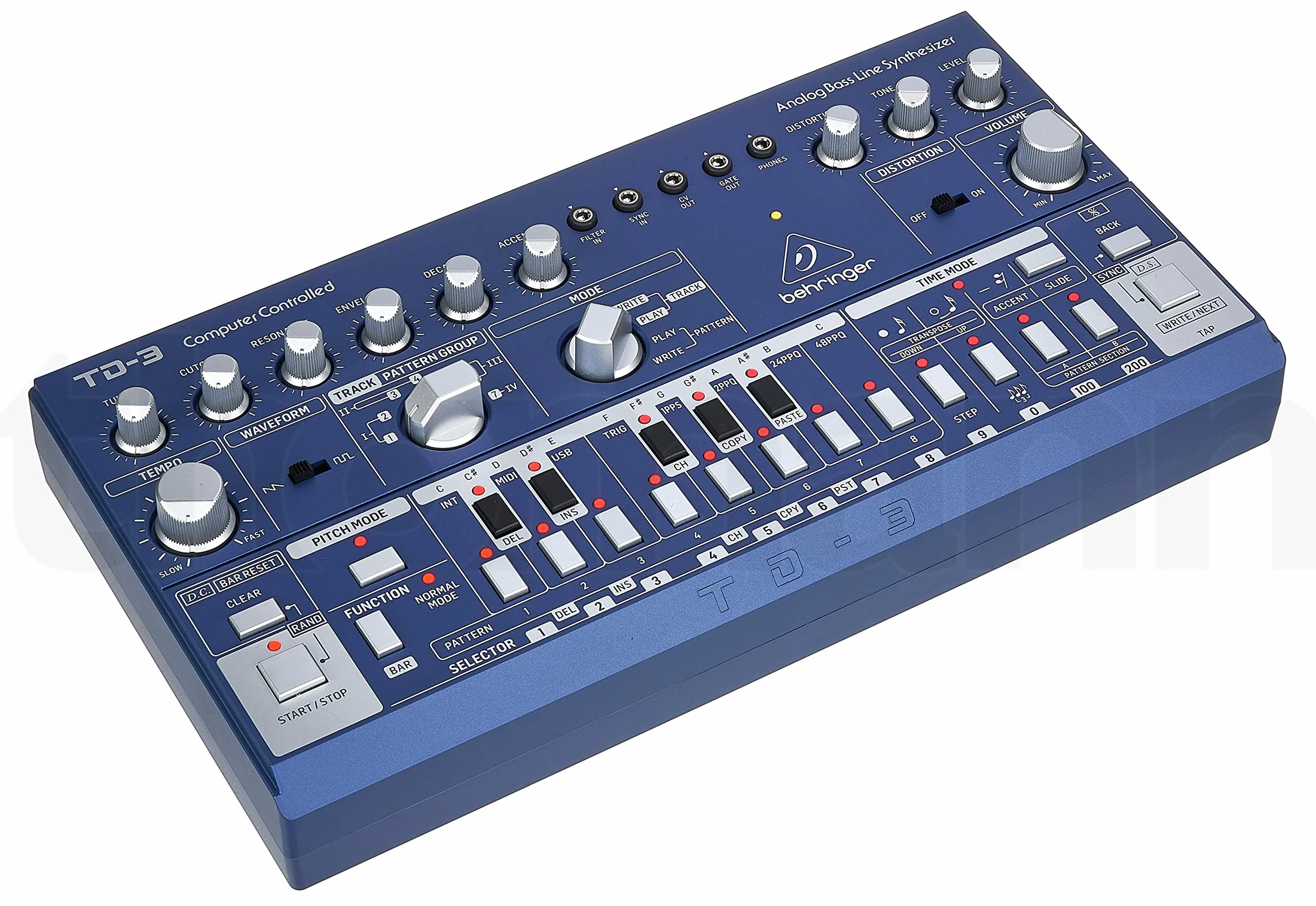 Behringer TD-3-BU Analoger Bass-Line-Synthesizer mit VCO, VCF, 16-Stufen-Sequenzer, Distortion-Effekten und 16-stimmiger Polykette