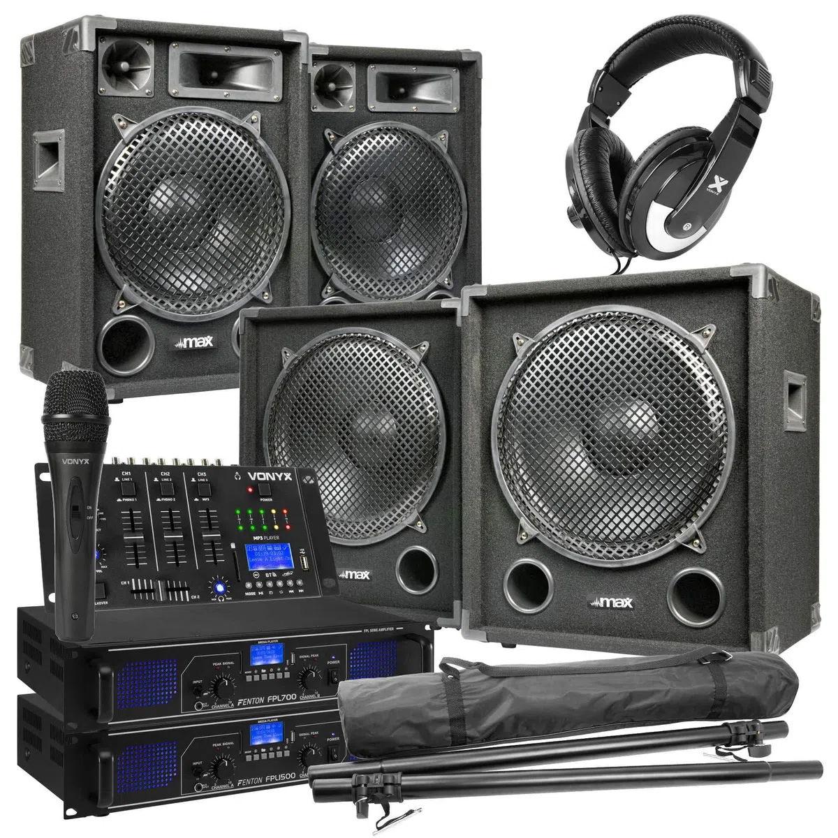 MAX-1215 - DJ Boxen Komplett Set Anfänger - 2200 Watt Peak - 2.2 DJ-Set - 2X Subwoofer, 2X Topteile, 2X Verstärker für Subs und Topteile, Tripod Stative, Kopfhörer, Mikrofon und DJ Mischpult