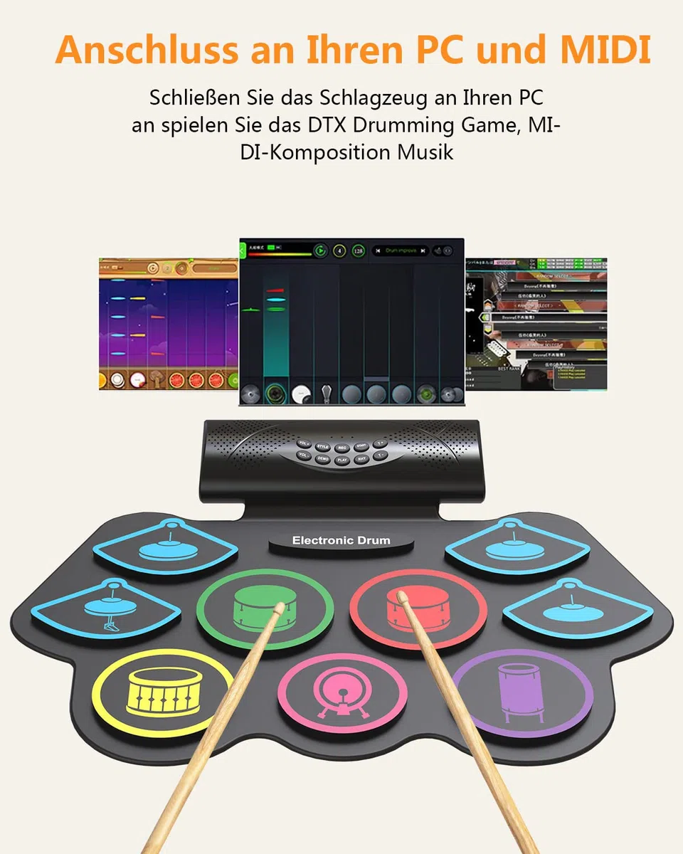Schlagzeug Elektronisch, 9 Pads Faltbares Elektronisches Schlagzeug mit Drumsticks, Tragrbares Elektrische Drum Set mit Bluetooth für Kinder, Anfänger Geburtstag und Geschenk