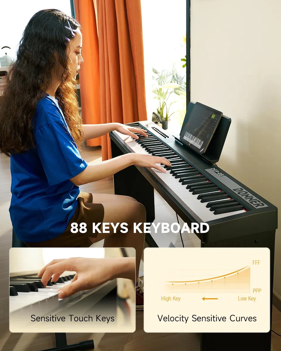 Donner Digitales Klavier mit 88 anschlagdynamischen Tasten und abnehmbarem Ständer, kompaktes E-Piano für Anfänger mit Split-Modus, LED-Digitalanzeige und Dreifachpedal, DEP-08