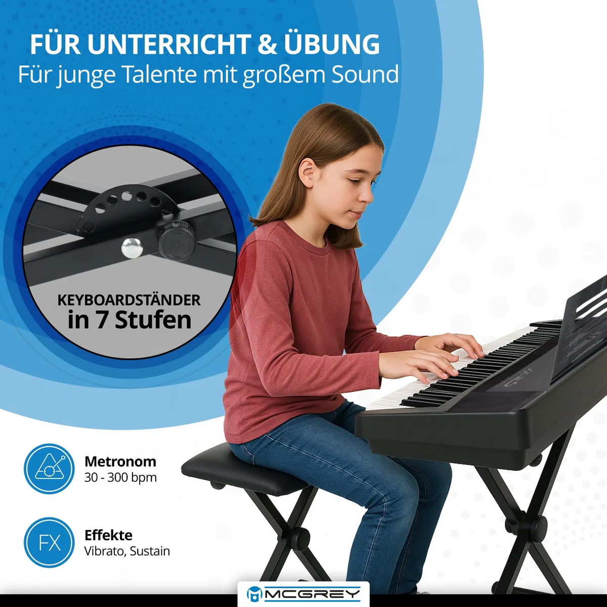 McGrey SK-88 Keyboard Super Kit - Einsteiger-Keyboard in Stagepiano-Optik mit 88 Tasten - 146 Klänge - inklusive Sustain-Pedal, Keyboardständer, Hocker und Kopfhörer - schwarz