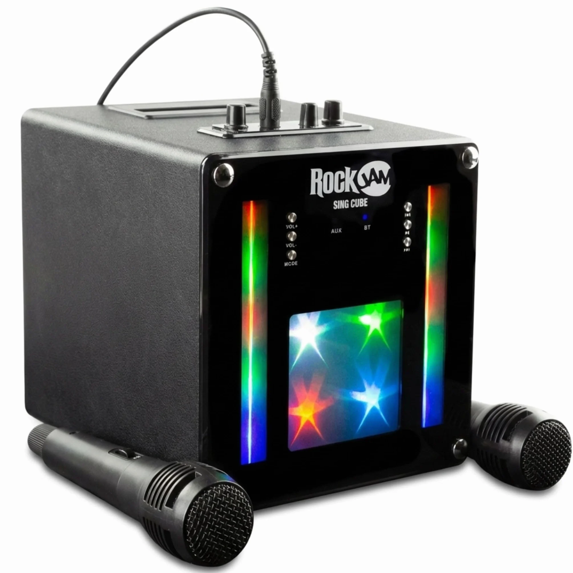 RockJam Singcube 5-Watt Rechargeable Bluetooth Karaoke Machine with Two Microphones, Voice Changing Effects & LED Lights