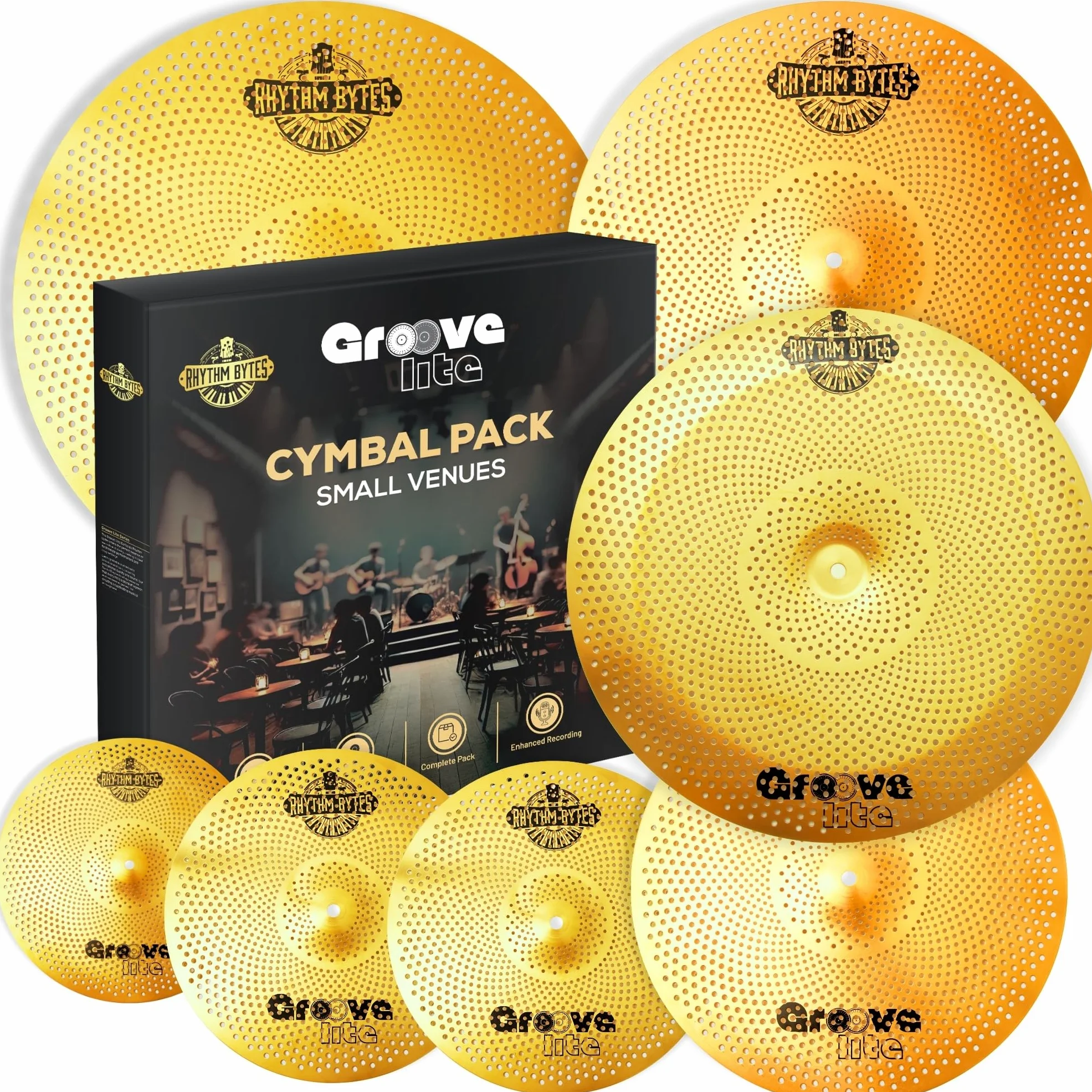 Beckenpack mit Trommel-Dämpfungspads | 12-teiliges Becken-Set & Trommel-Dämpfungspads, Becken 14"/16"/18"/20" | Drum Mute Pak 10"/12"/13"/14"/16", 1 Bass Drum-Dämpferpad, kostenlose Beckentasche