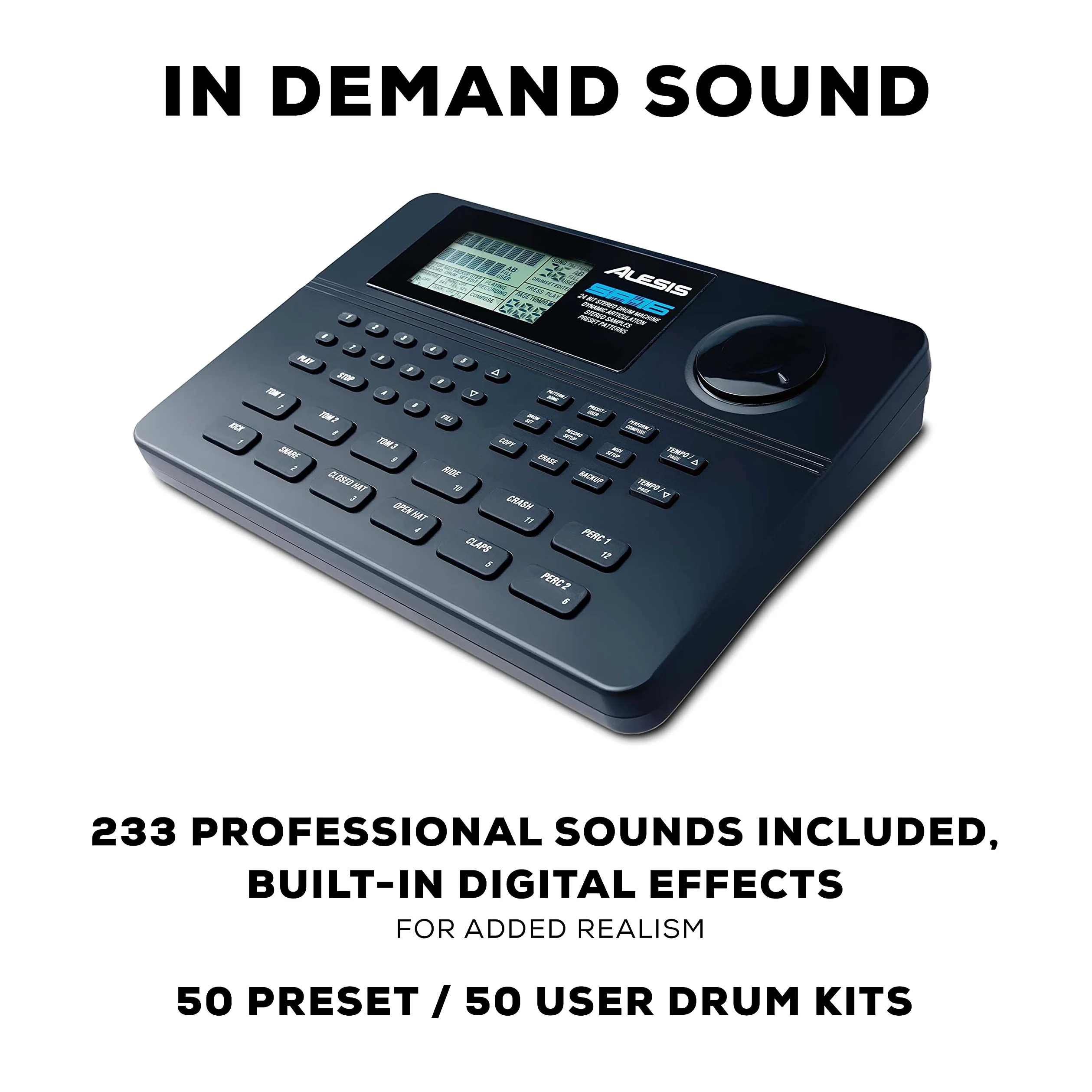 Alesis SR16 Classic Drum Machine mit 12 anschlagsdynamische Pads, 233 Studiodrum / Perkussionsounds und 50 Presetpattern