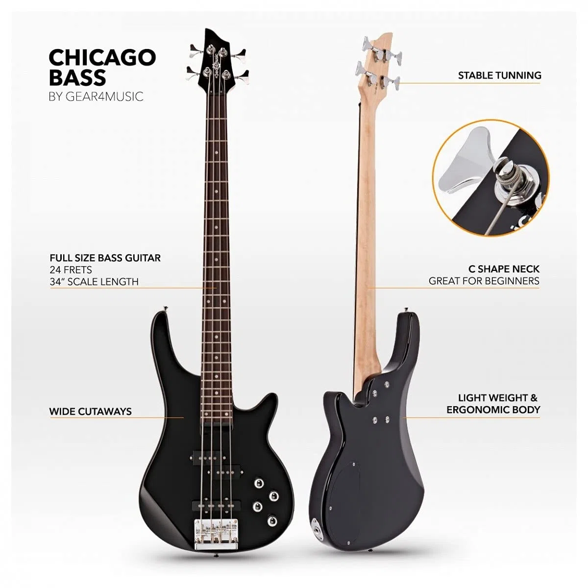 Gear4music Chicago Bassgitarre Set mit 15W Verstärker für Erwachsene Anfänger