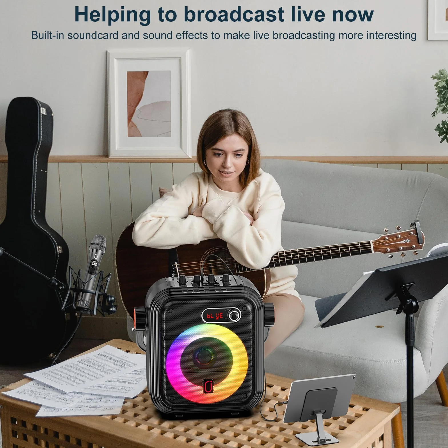 JYX Karaoke Maschine mit 2 kabellose Mikrofones, Tragbaren Bluetooth Lautsprecher mit RGB-Licht Unterstützt TF/USB, AUX,FM,Rec,TWS, Karaoke Anlage für Karaoke, Party, PA-System für Erwachsene/Kinder