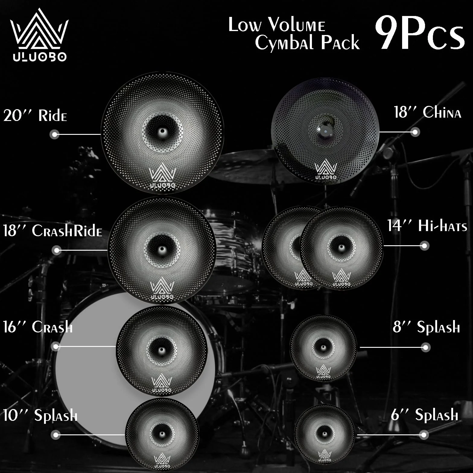 Becken-Set mit geringem Volumen, leises Becken-Set für Schlagzeugerübungen, 6/8/25,4 cm Spalsh+35,6 cm Hihat+40,6 cm Crash+45,7 cm Crash+45,7 cm China+50,8 cm Ride, 9 Stück, Schwarz