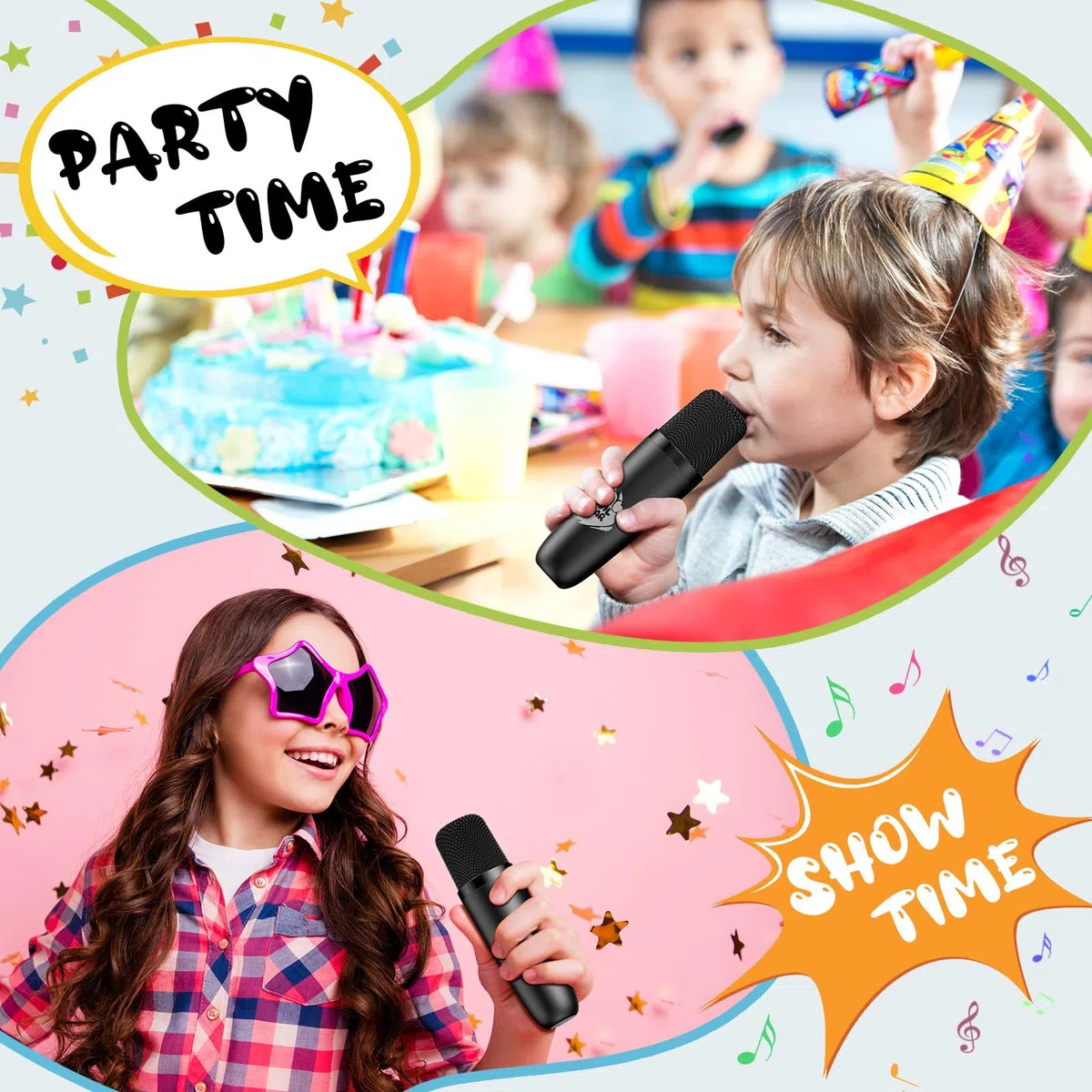 PHNIXGAM Mini Karaoke Maschine mit 2 drahtlosen Mikrofonen, Tragbarer Bluetooth Lautsprecher, Karaoke Mikrofon mit LED, Lautsprecher-Unterstützung für TF-Karte/USB, AUX in (Schwarz)