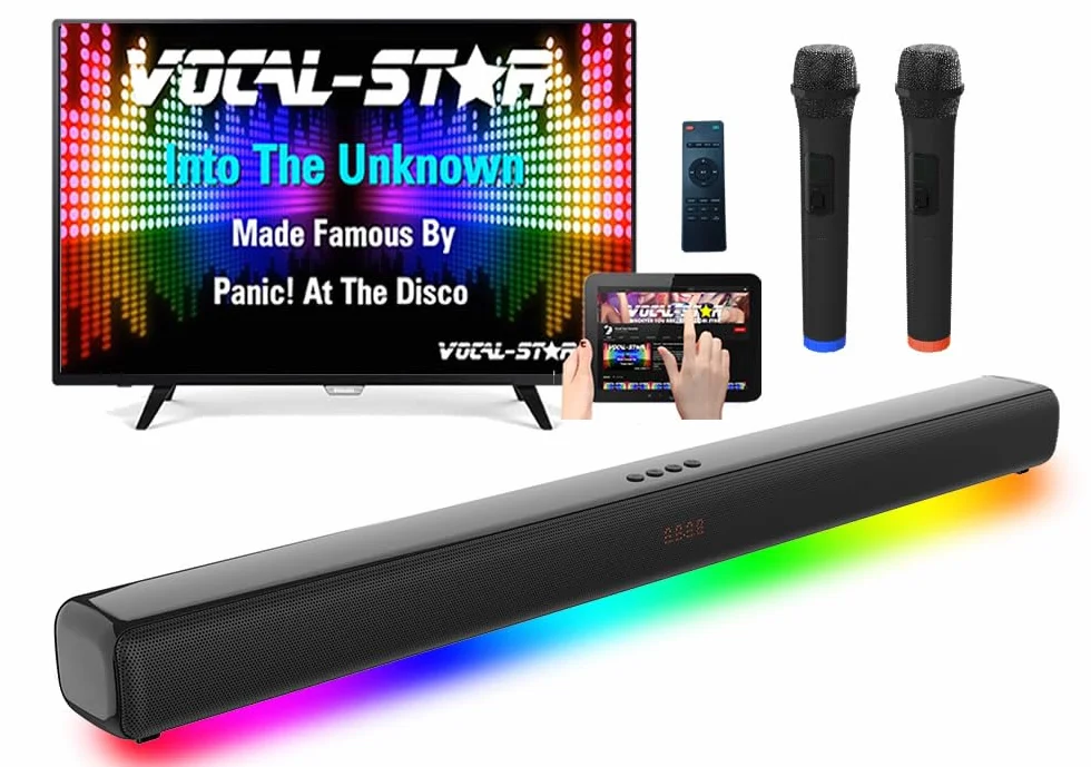 Vocal-Star Karaoke Maschine, Soundbar, 250w, 2 kabellose UHF Mikrofone, Wandhalterung, 9 RGBW Lichteffekte, Fernbedienung, HDMI ARC, BT, AUX, Optisch