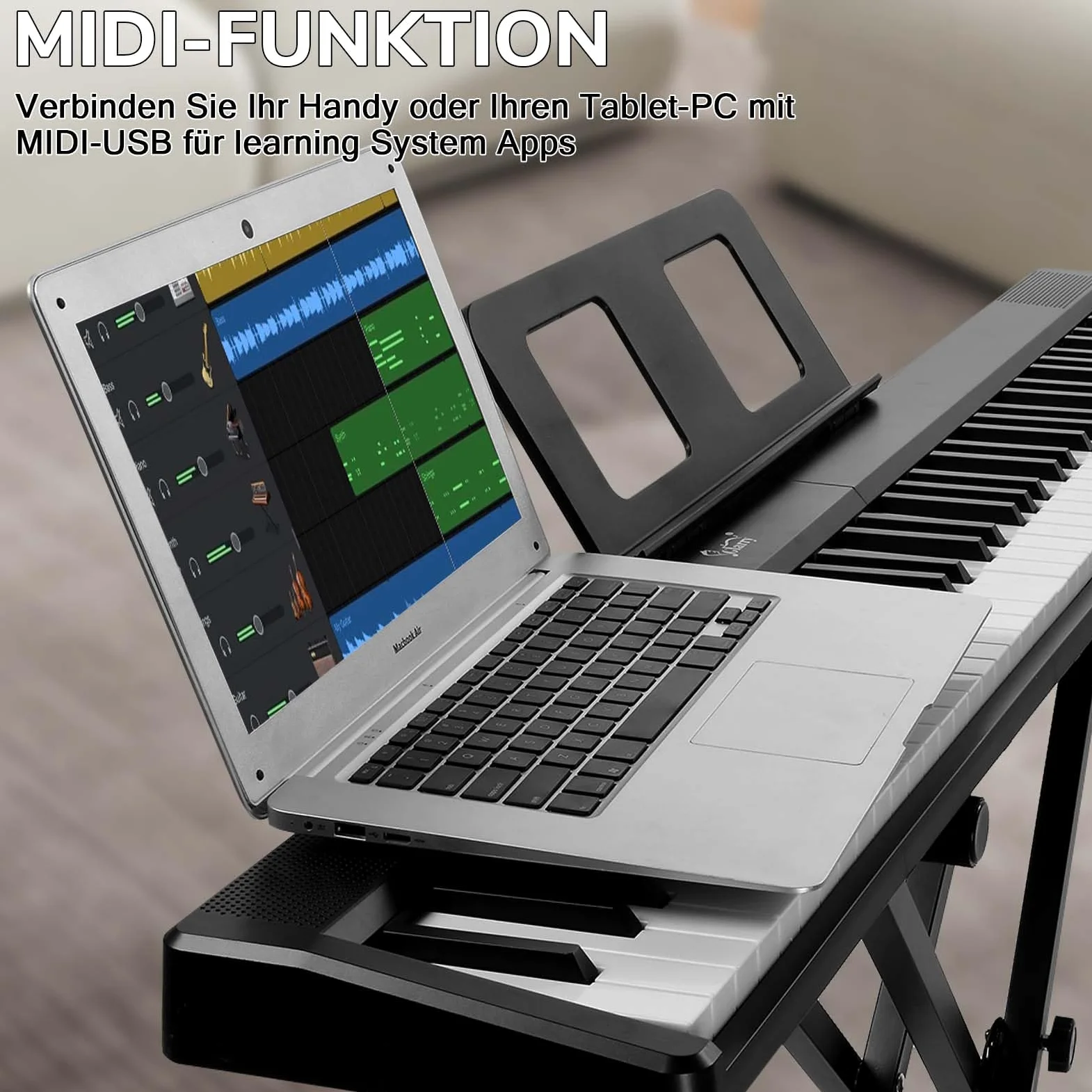 Bonnlo E Piano 88 Tasten, Faltbares Digitalpiano mit Halbgewichteter Keyboard, X-Ständer, Audio- & MIDI-Bluetooth, Sustain-Pedal-System, Kopfhörer – für Anfänger & Fortgeschrittene, Schwarz