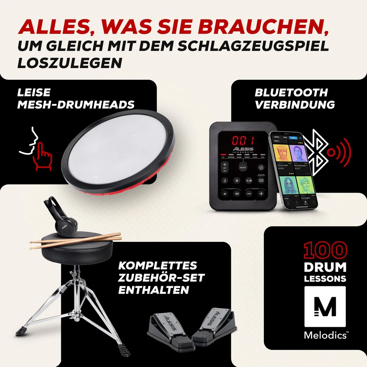 Alesis Turbo Max Schlagzeug Elektronisch mit leisen 8-Zoll Mesh Pads, Lektionen, Bluetooth und Zubehör, faltbar
