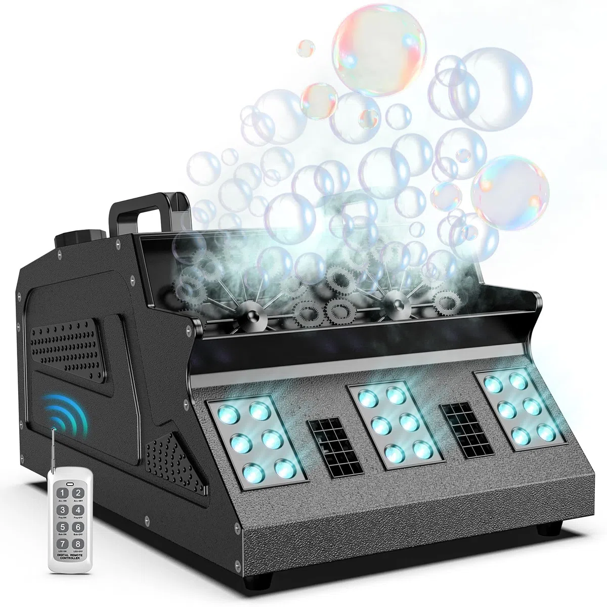 1500W Nebelmaschine mit Blasen & Fernbedienung, Seifenblasenmaschine RGB 18 LED Effekten Seifenblasen Maschine für Party, DJ, Halloween, Weihnachten, Hochzeit